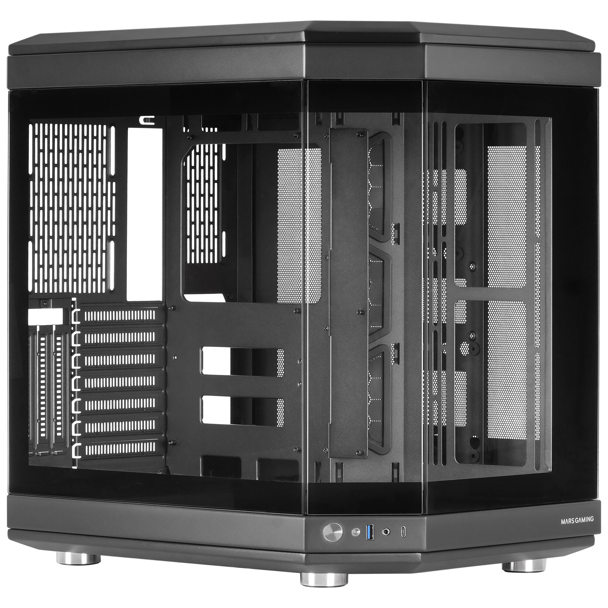 Caja de computadora Mars Gaming, paneles laterales de vidrio transparente, mostrando componentes internos, sobre fondo blanco.