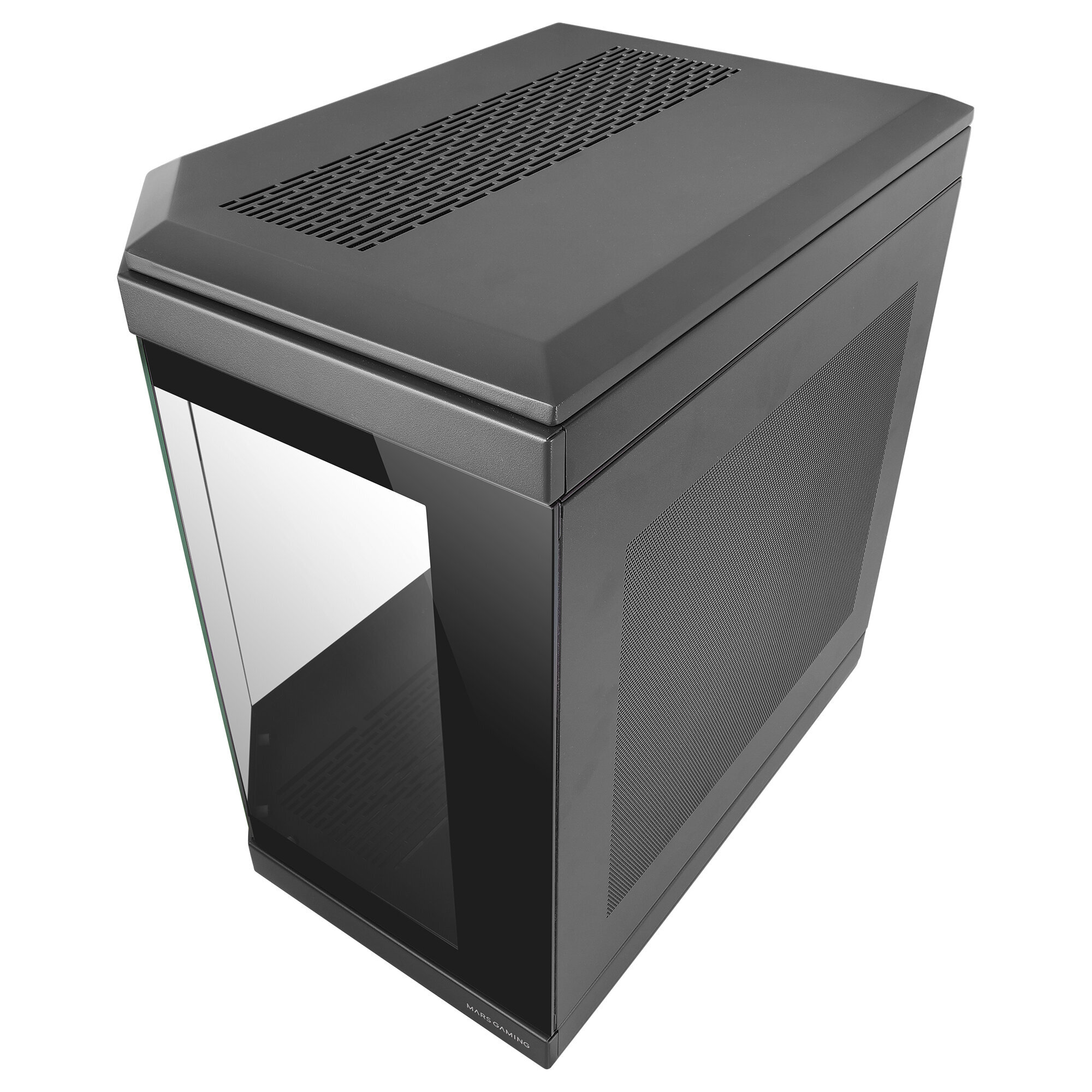 Caja de ordenador negra con panel lateral de cristal. Tiene un panel frontal de malla y una parte superior inclinada.