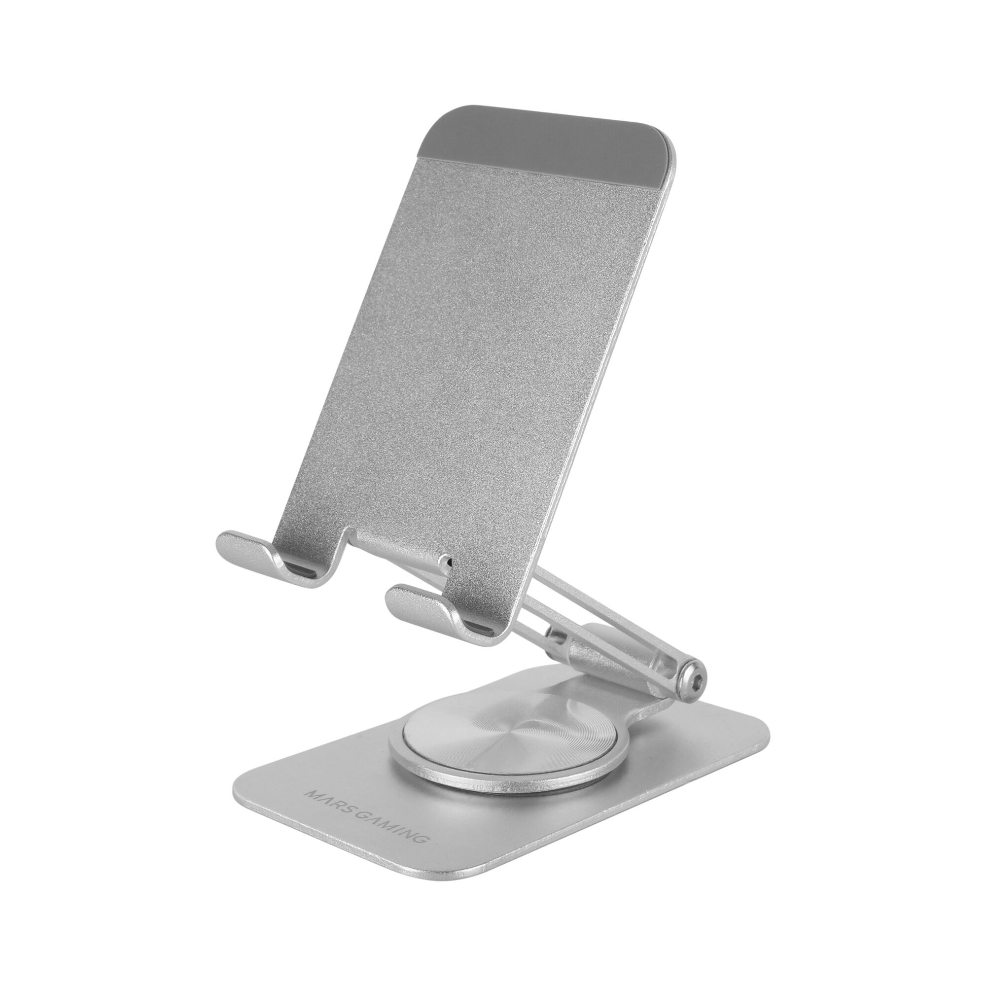 Soporte de teléfono plateado. Ángulo ajustable. Base rectangular. Soporte con dos brazos.