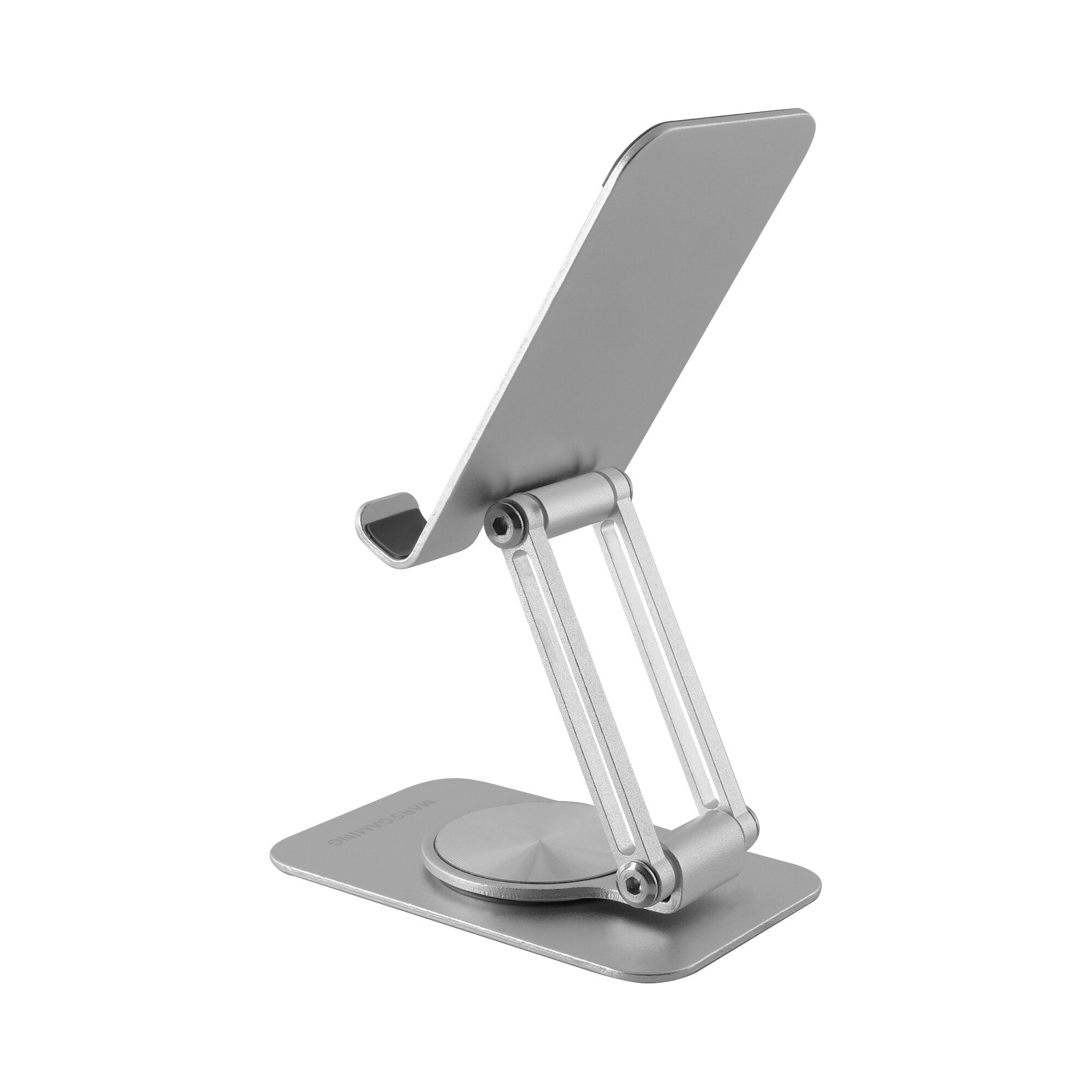 Un soporte para teléfono plateado es ajustable. Tiene una base y un brazo articulado para sostener un teléfono o tableta.