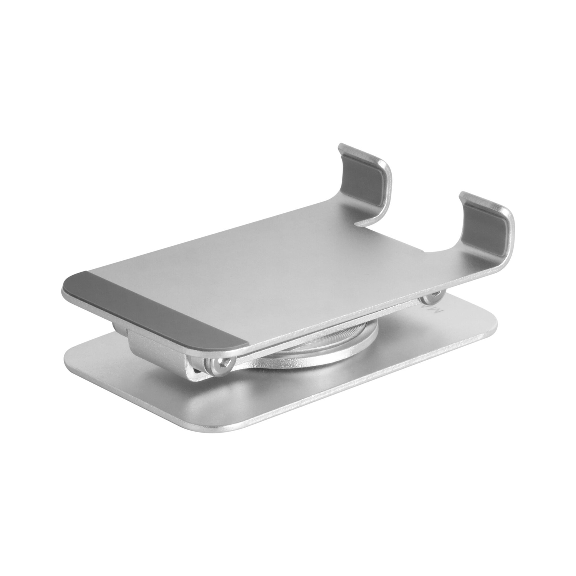 Un soporte de tableta plateado con base giratoria.