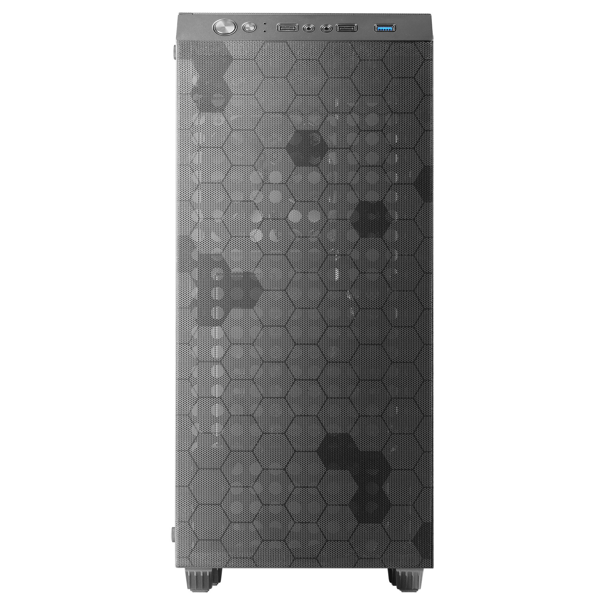 Vorderseite eines schwarzen Computergehäuses mit Wabenmuster.