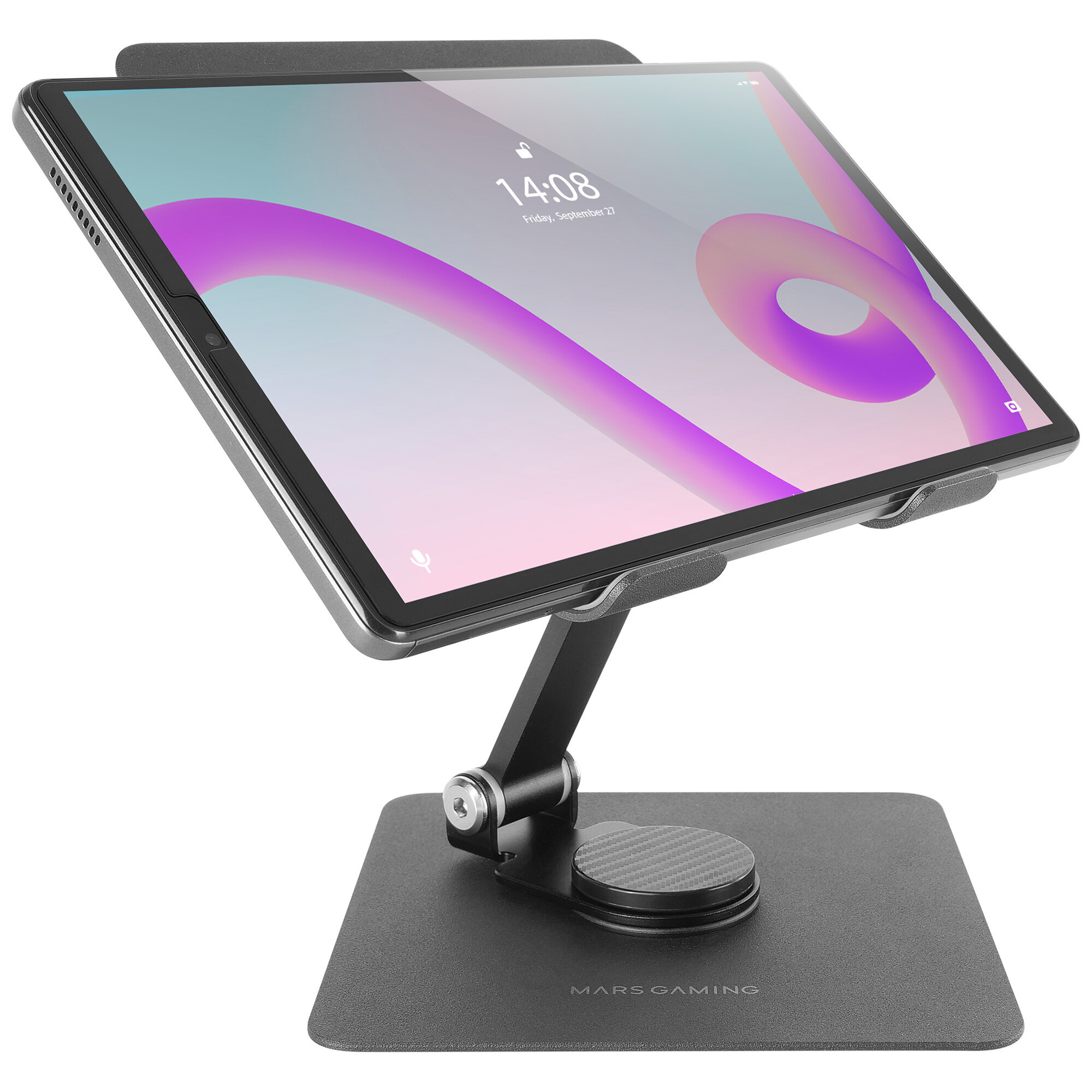 Una tableta en un soporte negro con una base negra, la pantalla muestra la hora.
