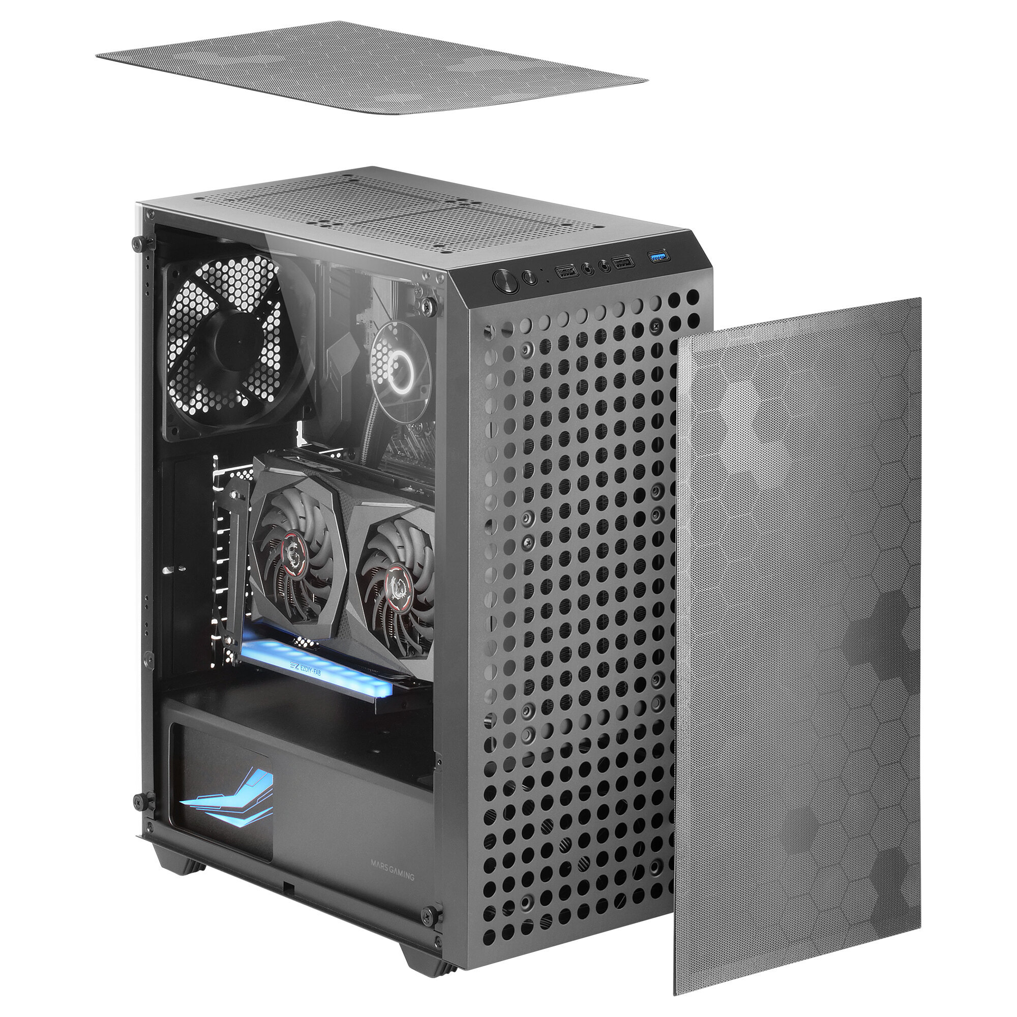 Offenes Computergehäuse mit sichtbaren Komponenten: Lüfter, Grafikkarte und Innenstruktur.