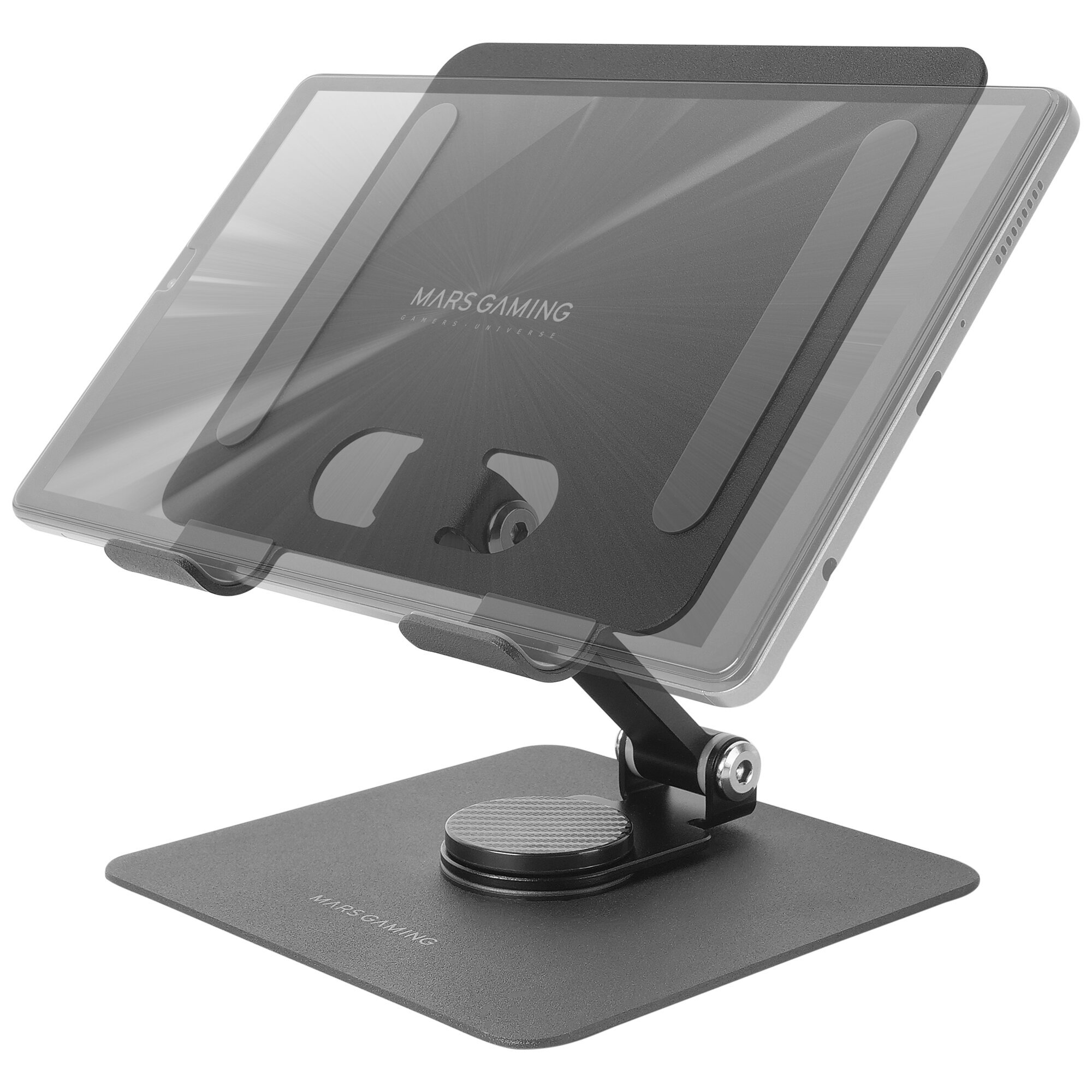 Tableta en un soporte. El soporte es negro, tiene una base y un brazo ajustable. La pantalla de la tableta es visible.