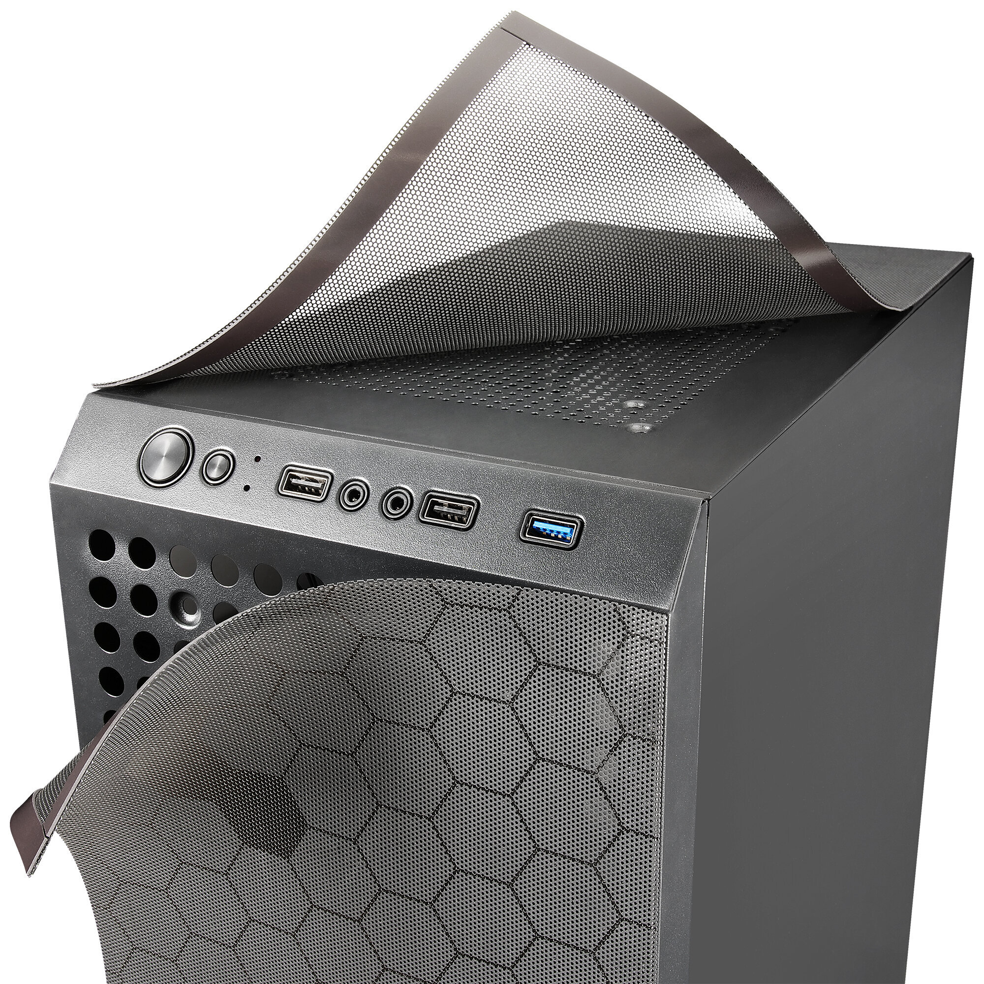 Ein schwarzes Computergehäuse mit einer Mesh-Abdeckung. Die Abdeckung ist teilweise entfernt.