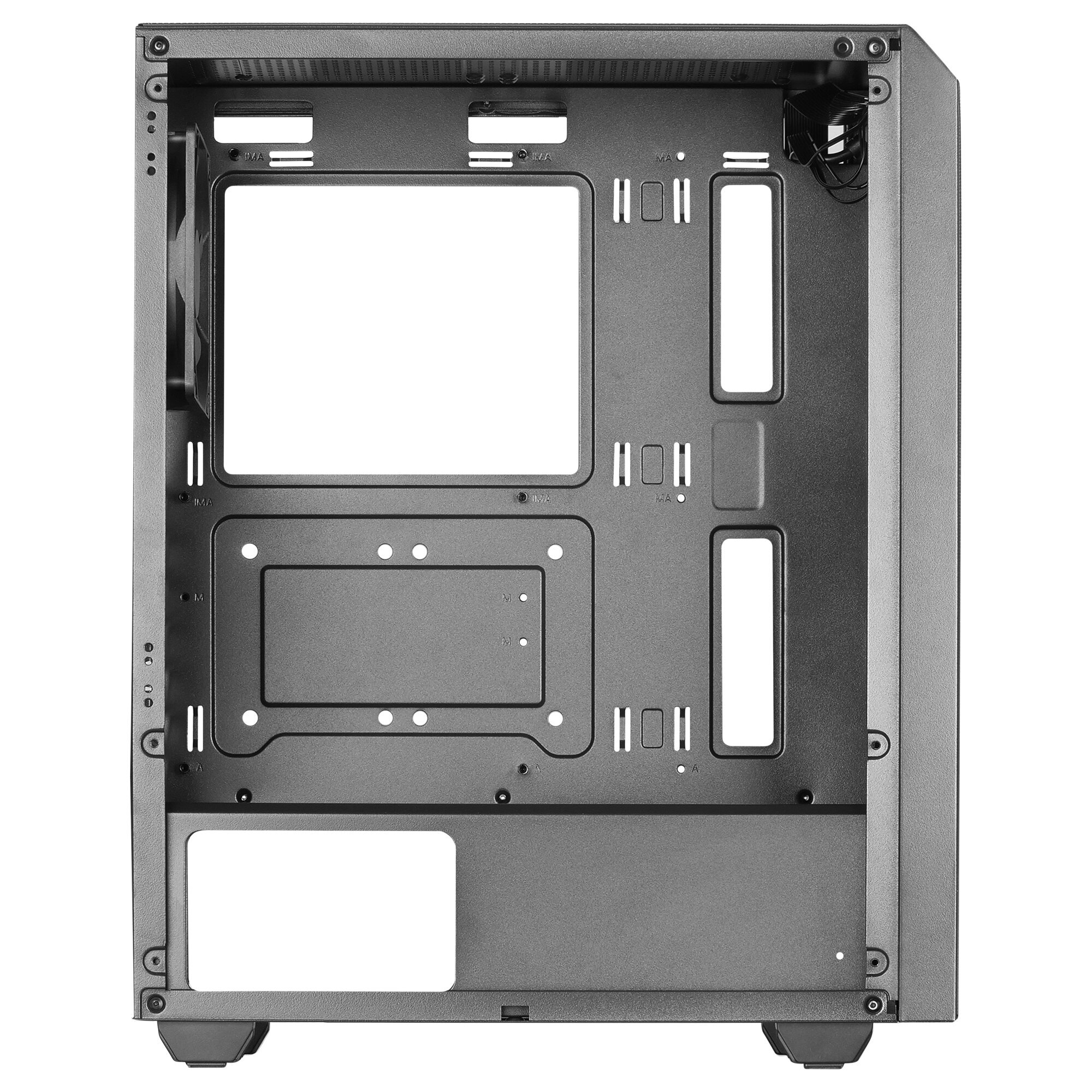 Ein leerer Computer-Tower mit Öffnungen und Befestigungspunkten für Komponenten, graue Oberfläche.