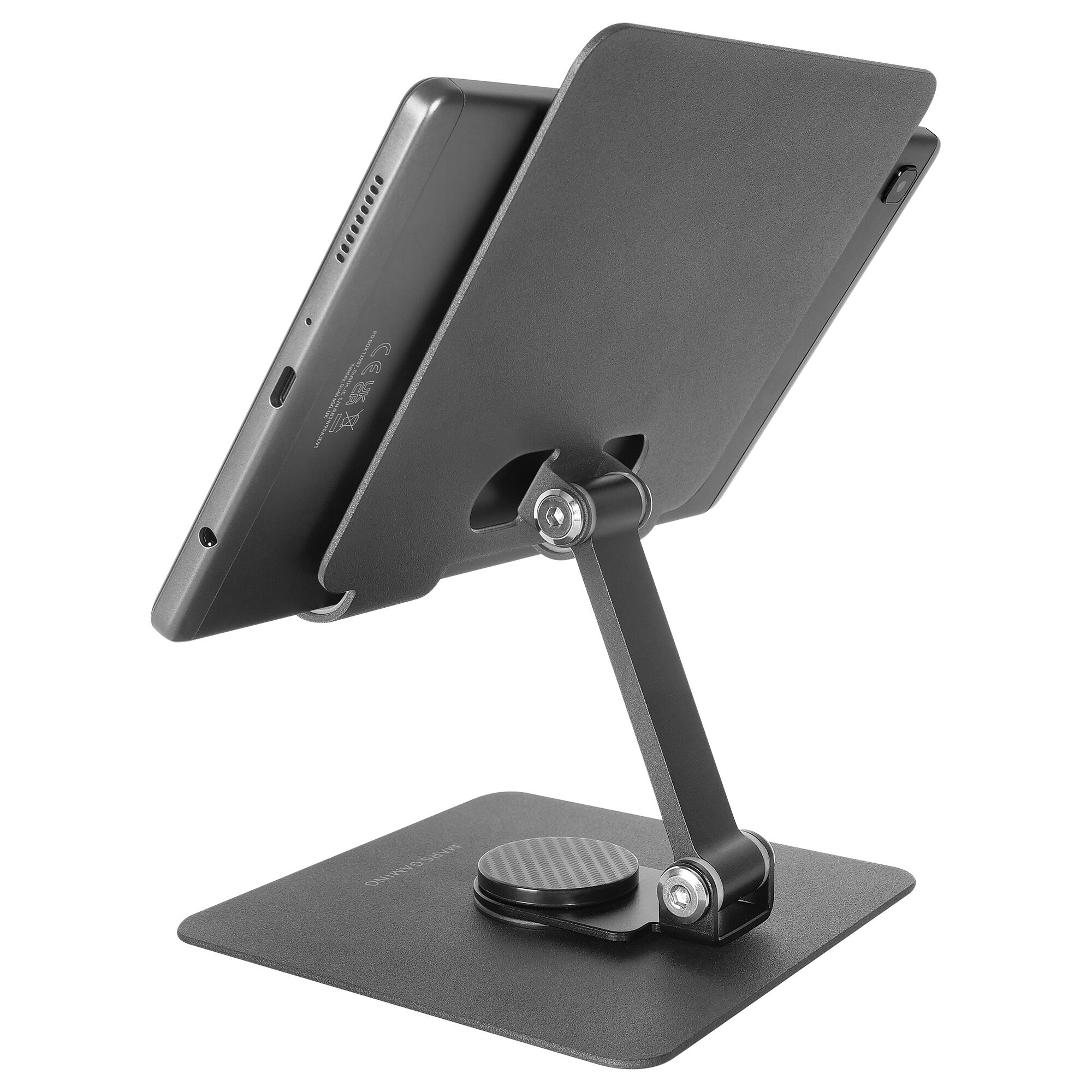 Una tableta negra sobre un soporte ajustable. El soporte es de metal y tiene una base circular.