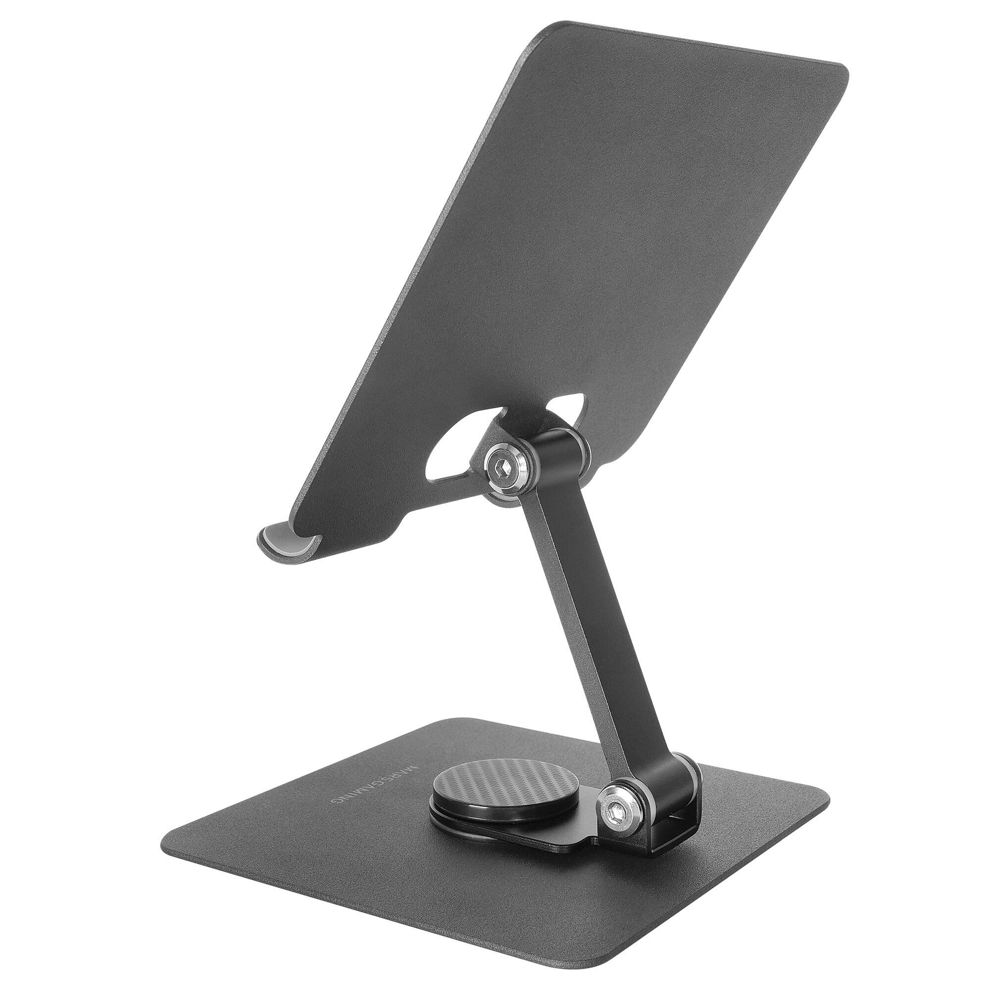 Soporte para tableta negro con brazo ajustable y base cuadrada, sobre fondo blanco.