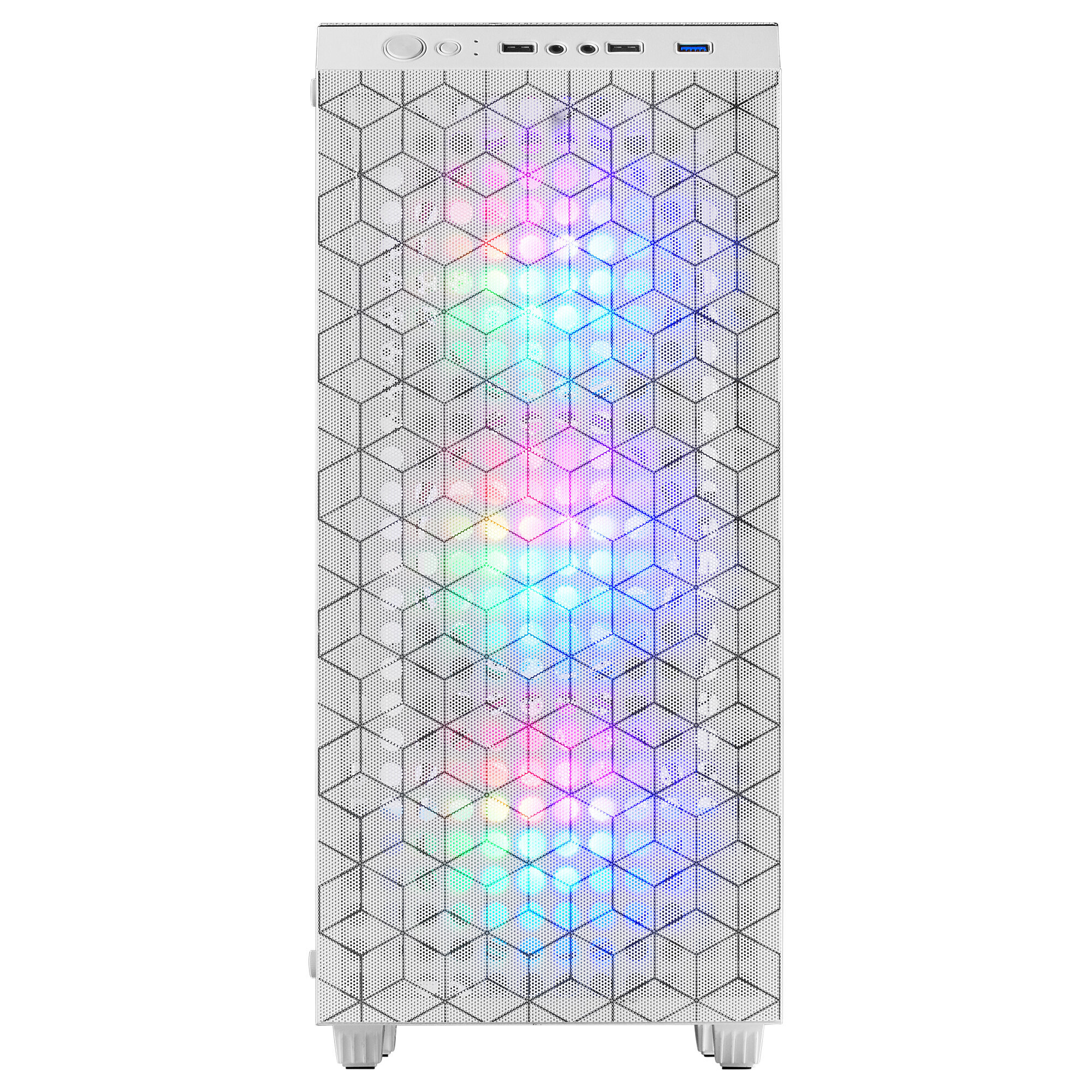 Weißes Computergehäuse mit Mesh-Front, beleuchtet von Regenbogen.