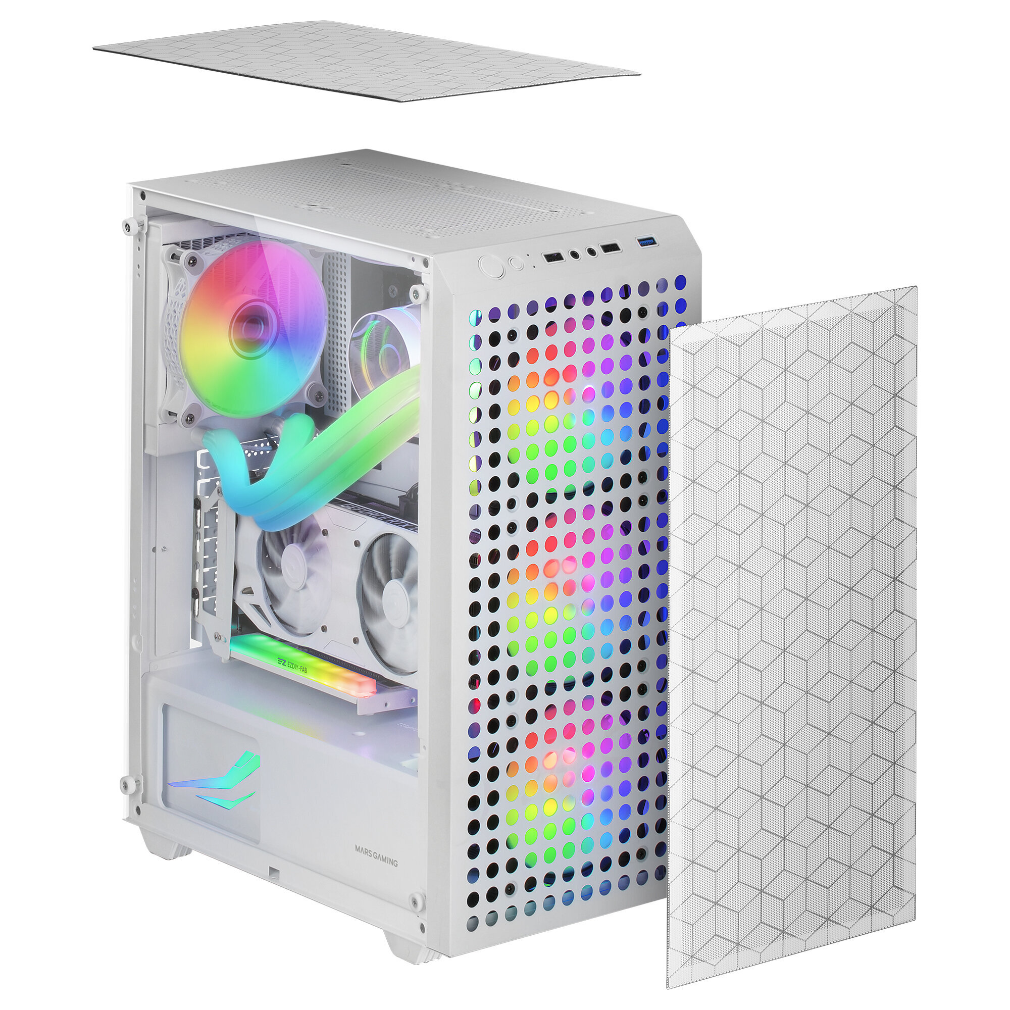 Weißes PC-Gehäuse mit offener Seitenwand. Komponenten wie Lüfter und GPU sind sichtbar.