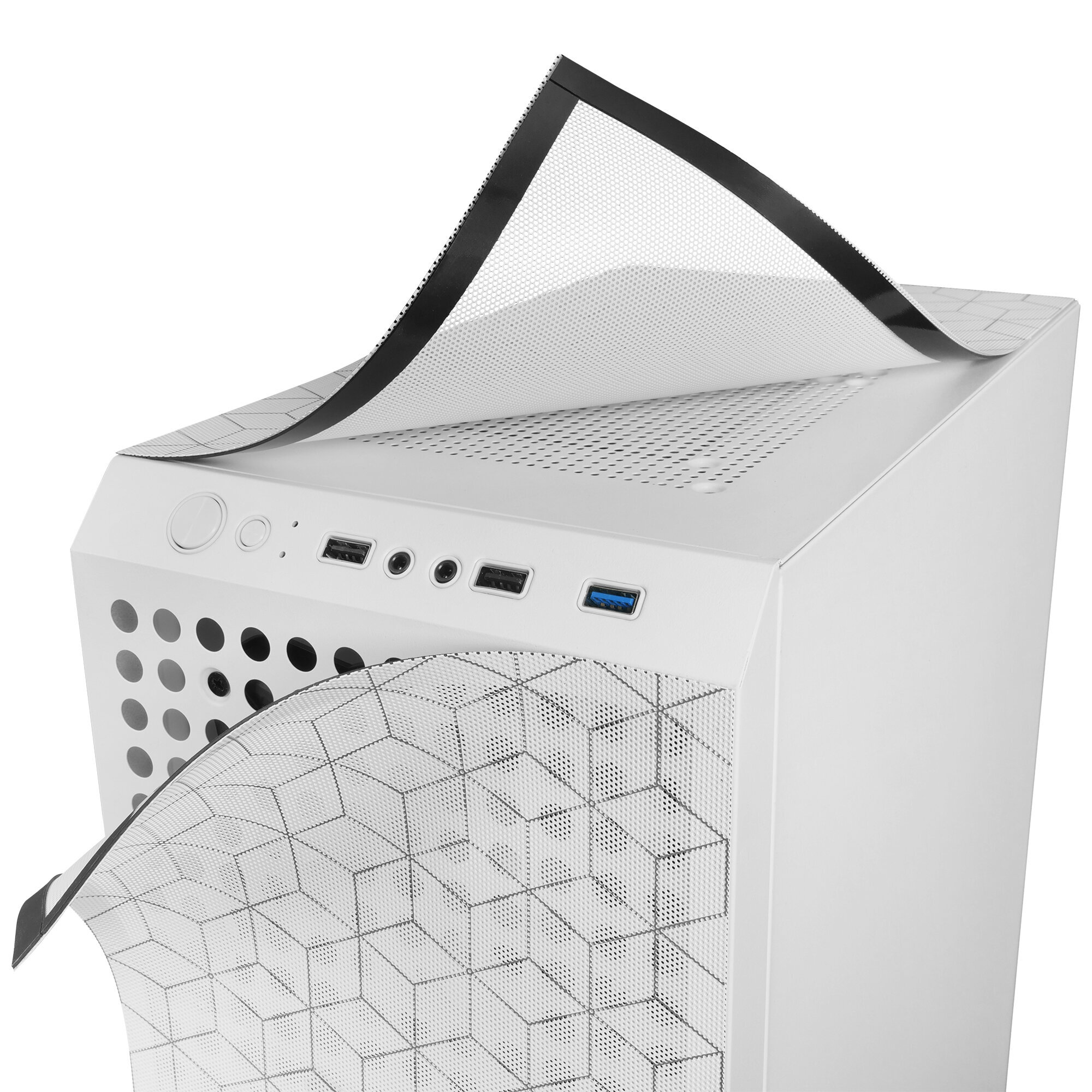 Weißes Computergehäuse mit Mesh-Oberseite. Das Mesh ist teilweise angehoben und zeigt Anschlüsse.