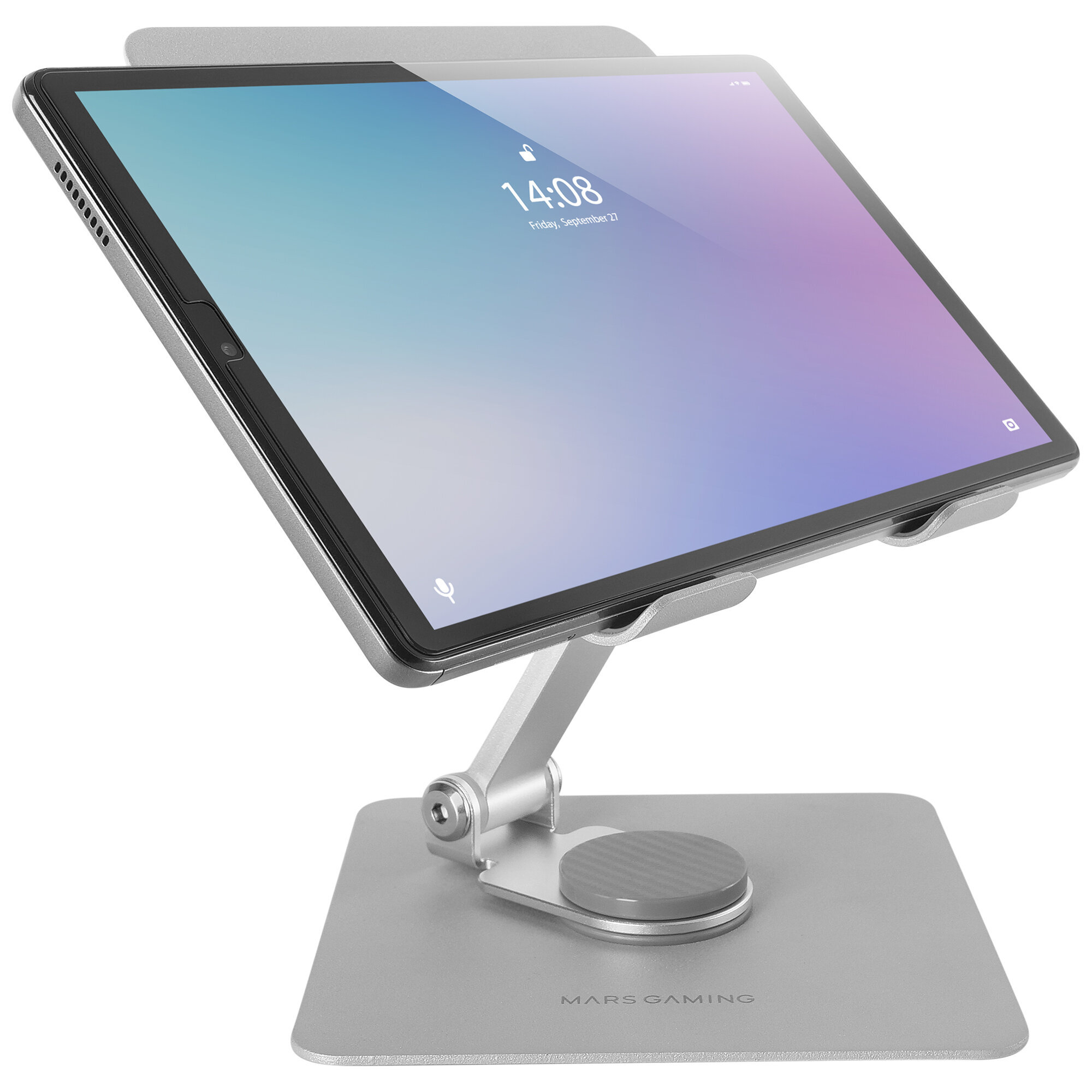 Tableta en un soporte plateado. La pantalla muestra la hora y la fecha. Etiqueta MARS GAMING.
