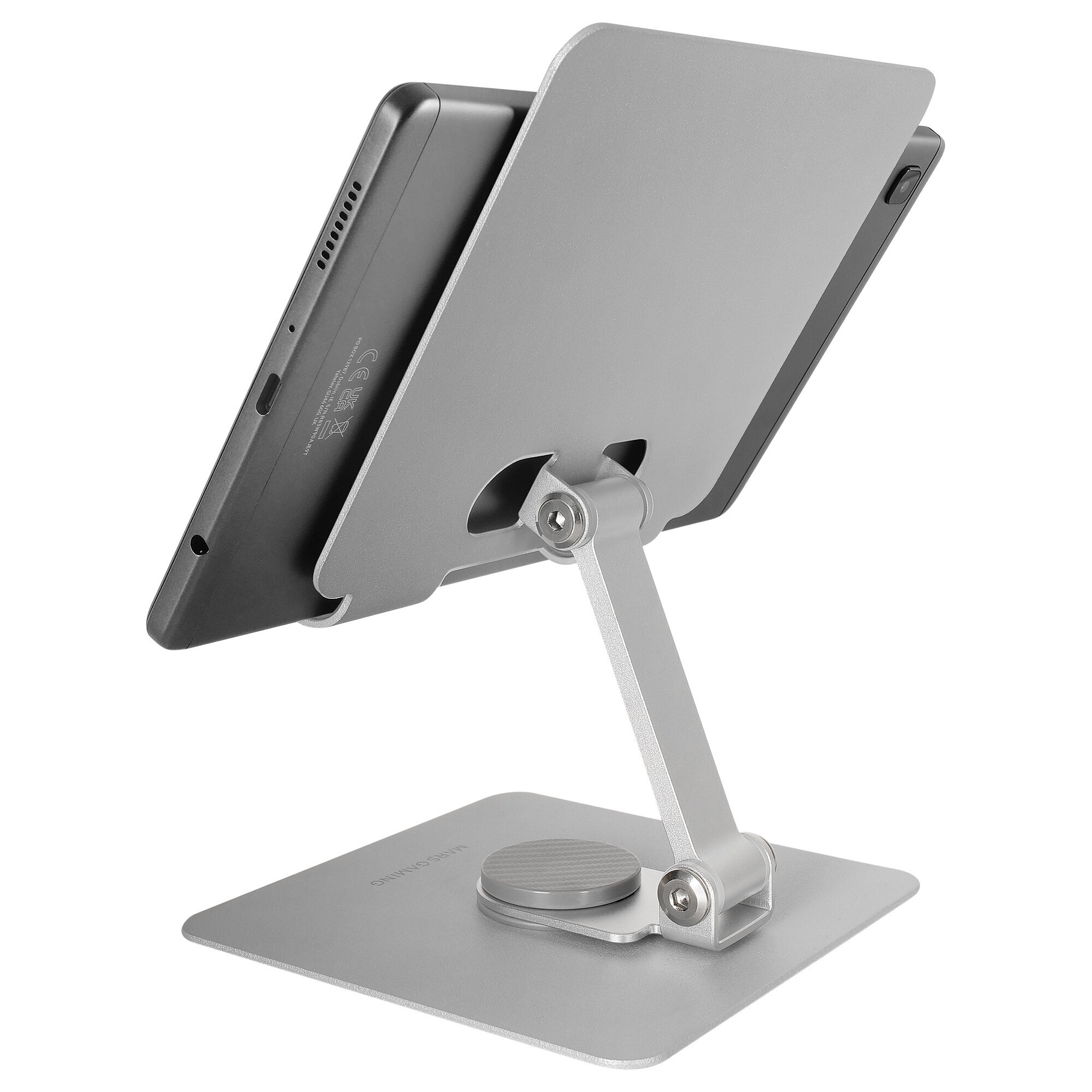 Soporte plateado para tablet. Una tablet asegurada, inclinada para ver. Base cuadrada.