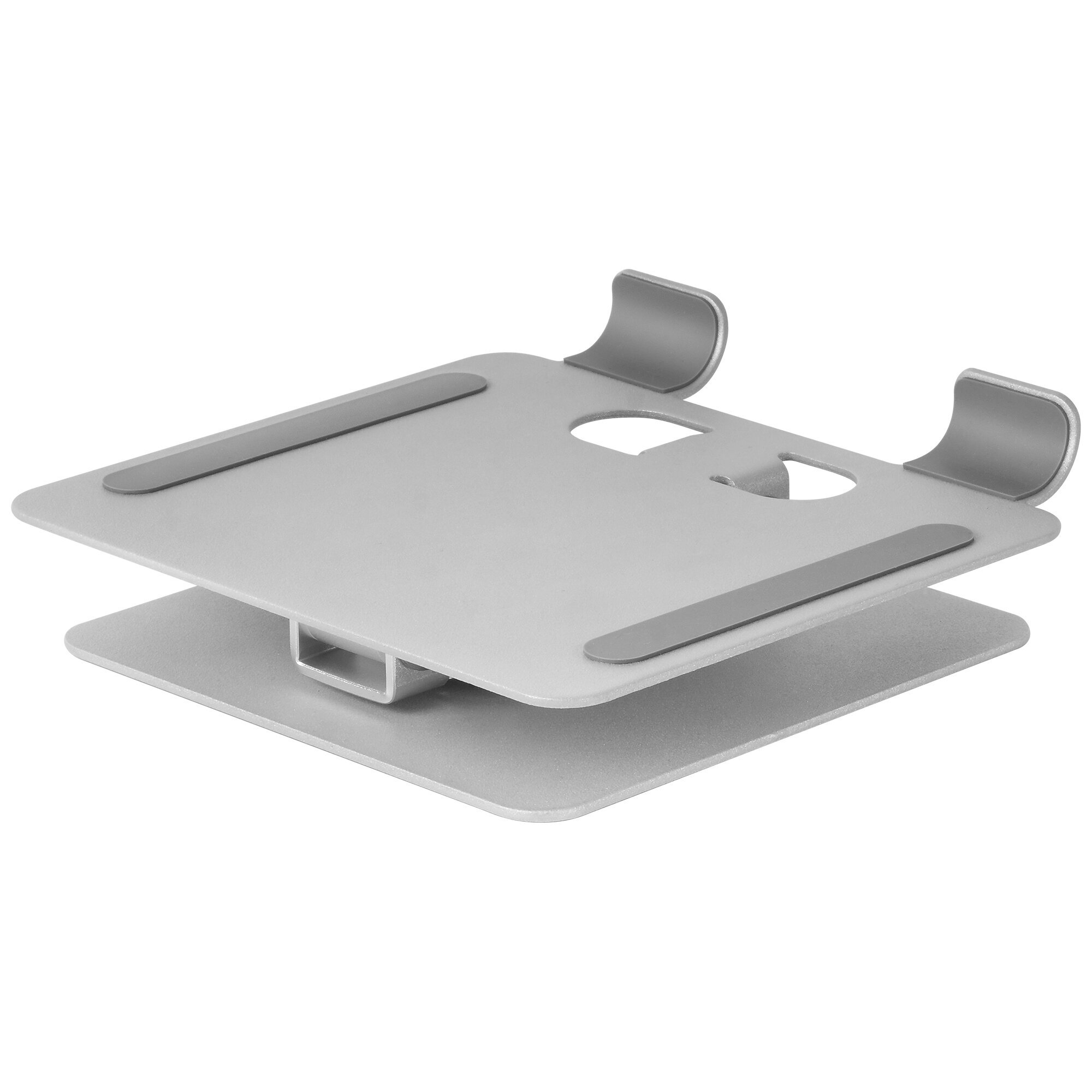 Soporte plateado para portátil, dos plataformas con almohadillas de goma grises.