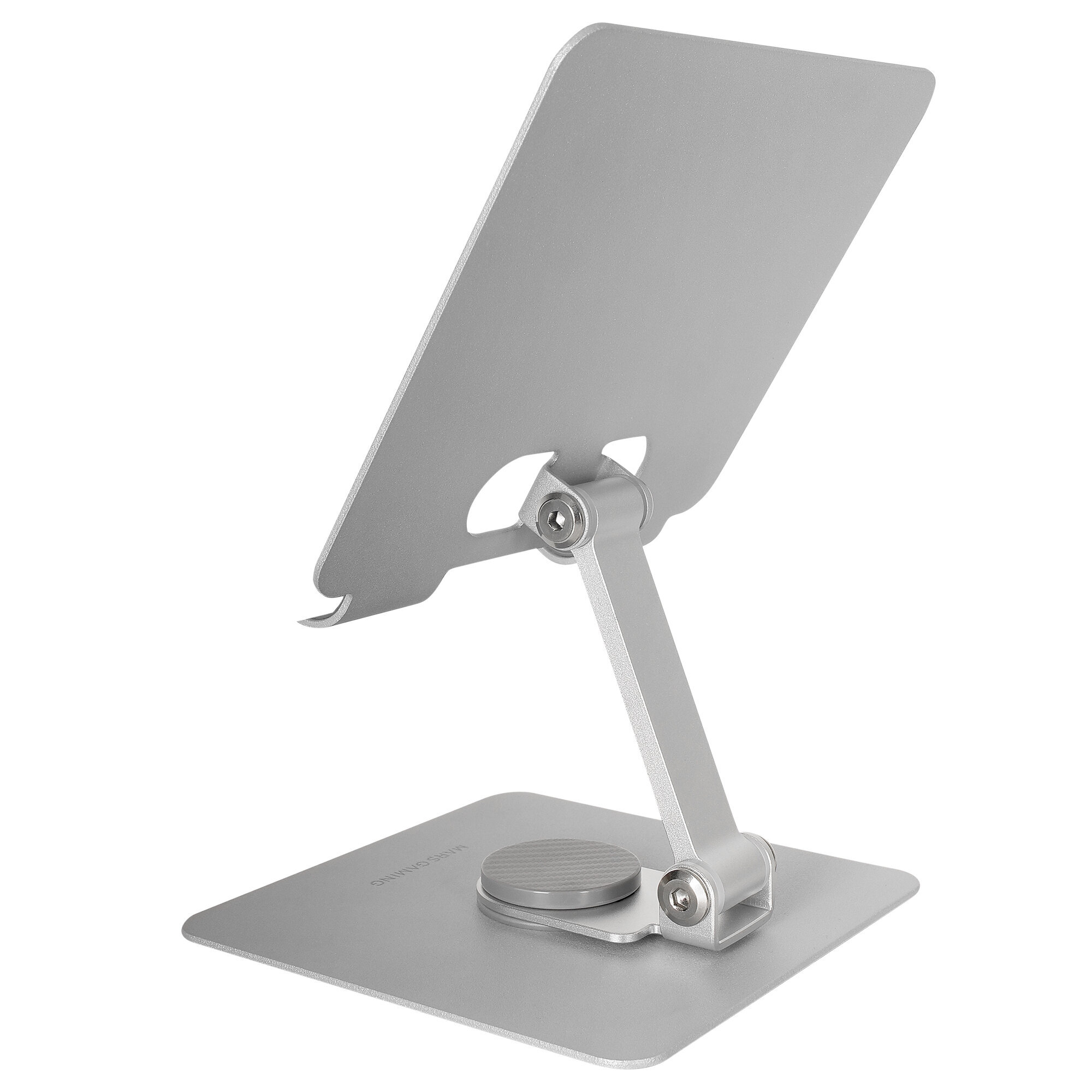 Soporte de tableta plateado ajustable sobre fondo blanco. El soporte es metálico y tiene base giratoria.