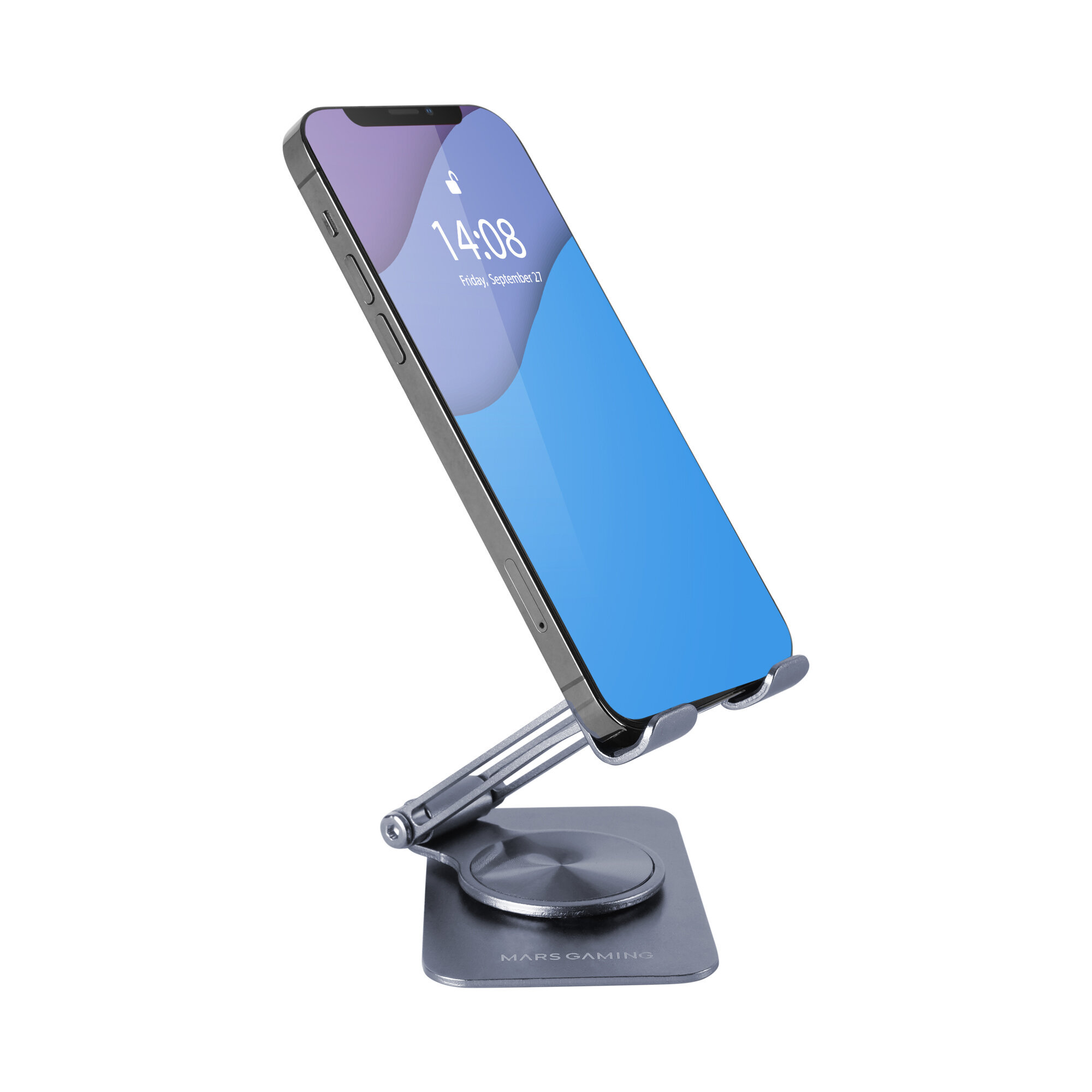 Un teléfono inteligente en un soporte ajustable con el logotipo de Mars Gaming.
