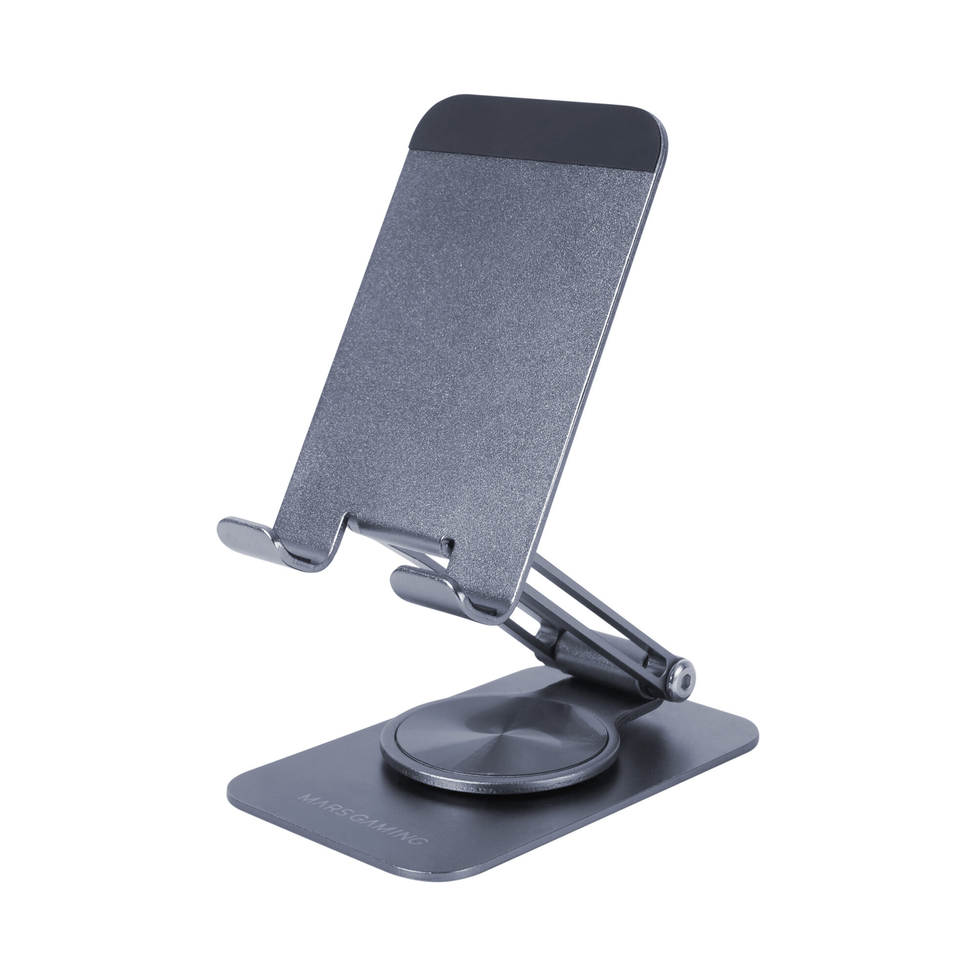 Un soporte para teléfono plateado. Tiene una base giratoria y sujeta un teléfono inclinado.