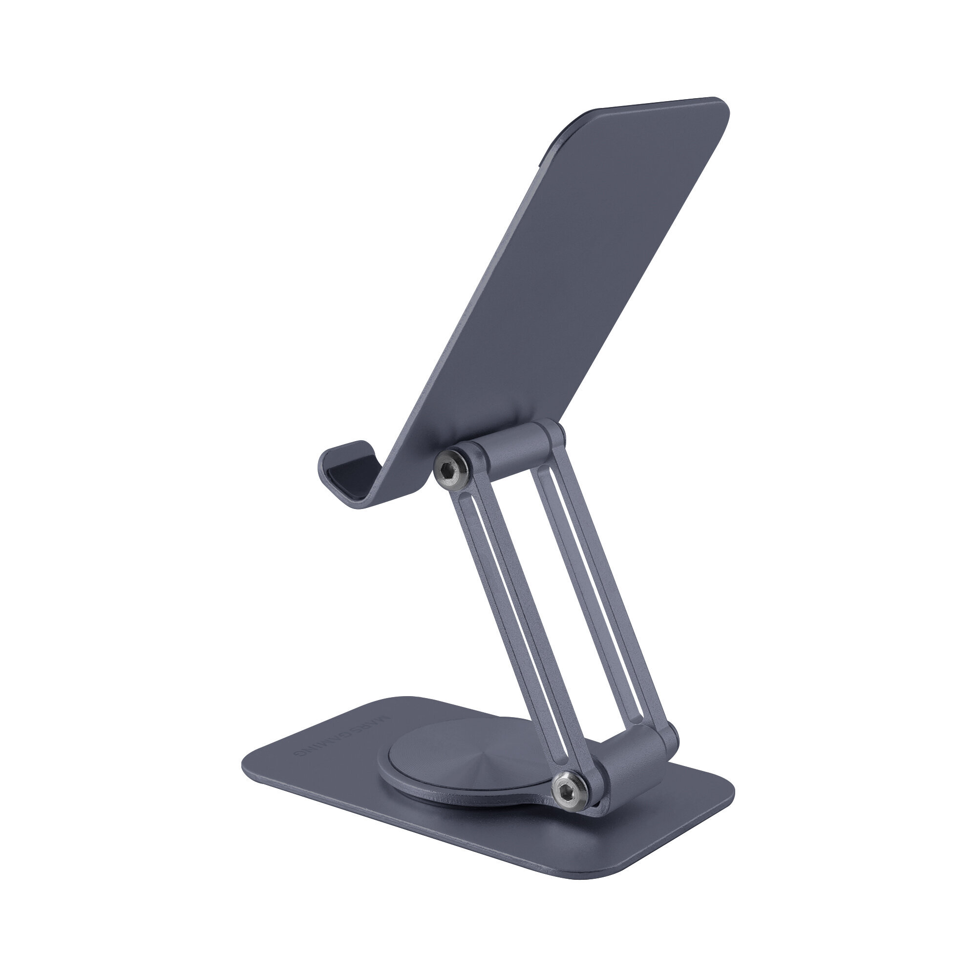 Un soporte de teléfono gris con ángulo ajustable y una base, para sostener un smartphone.