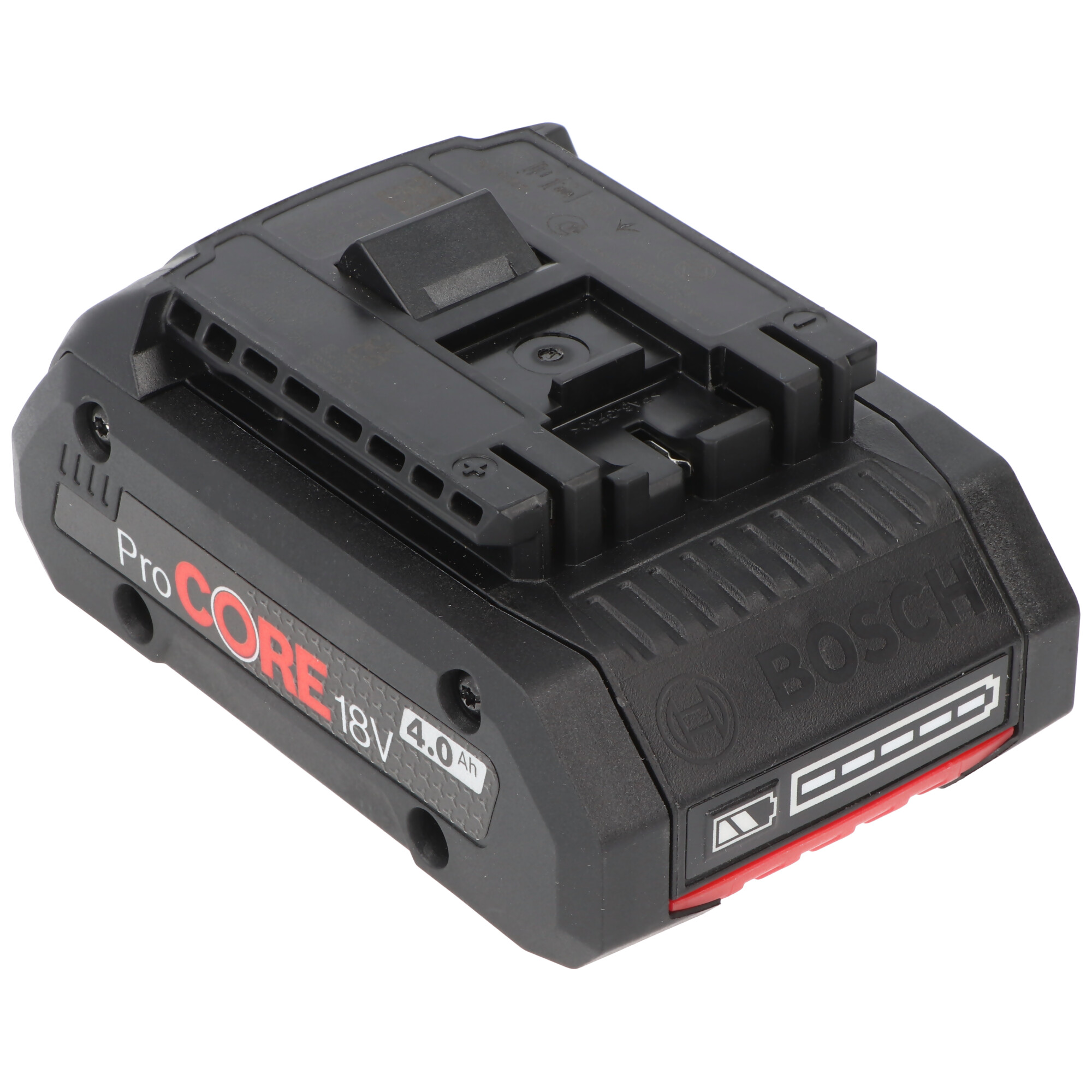 Ein schwarzes Bosch ProCORE 18V 4.0Ah Akku-Pack. Es hat ein schwarzes und rotes Etikett.