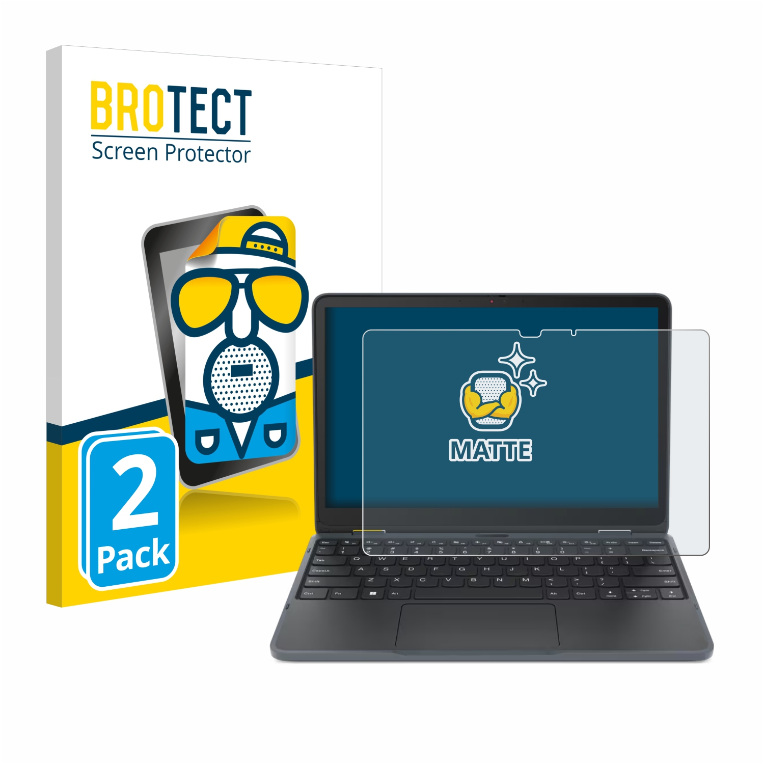 Schutzfolienbox mit 2er-Pack und Laptop mit Schutzfolie. Weißer Hintergrund.