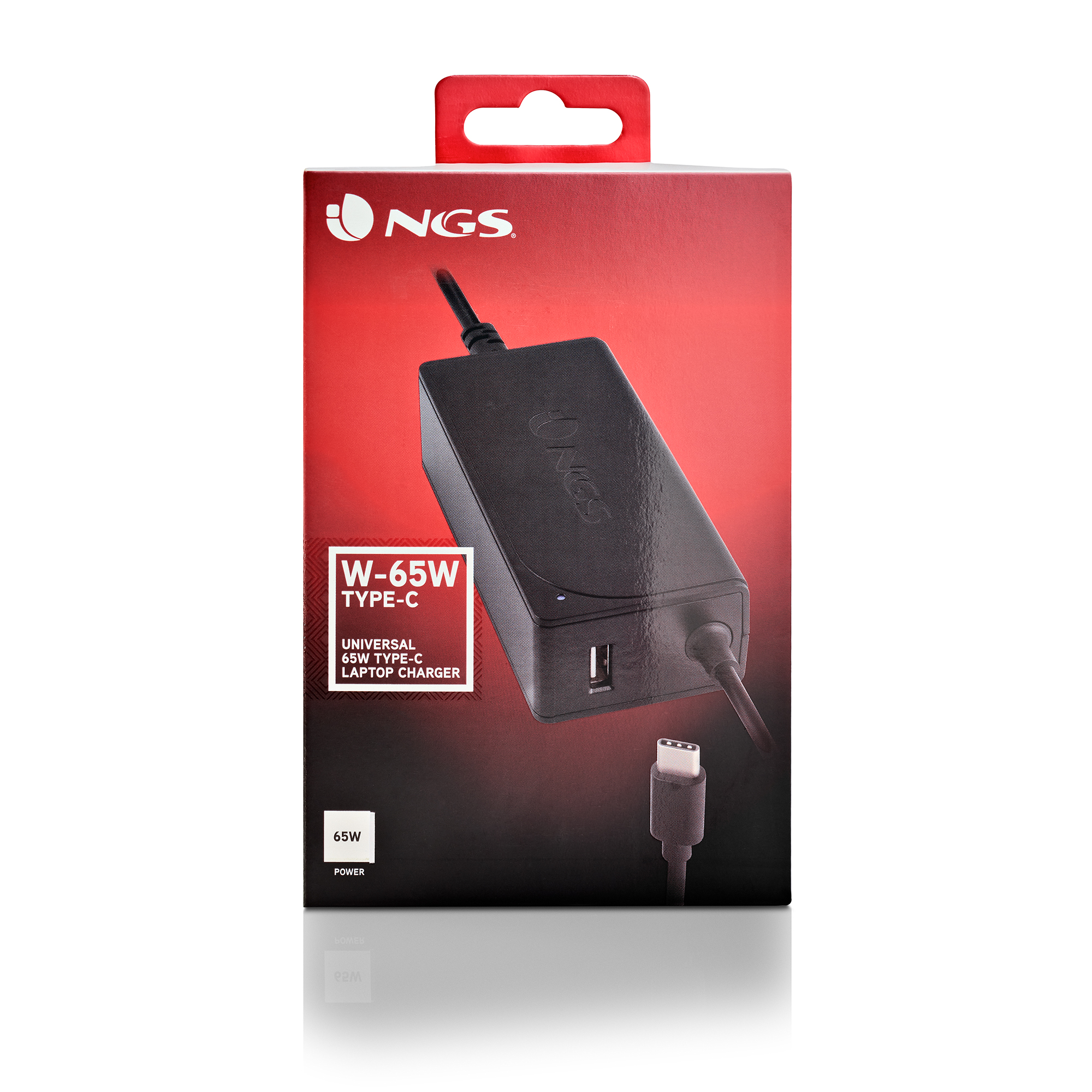 Cargador para portátil NGS W-65W Type-C negro en caja con cargador y cable.
