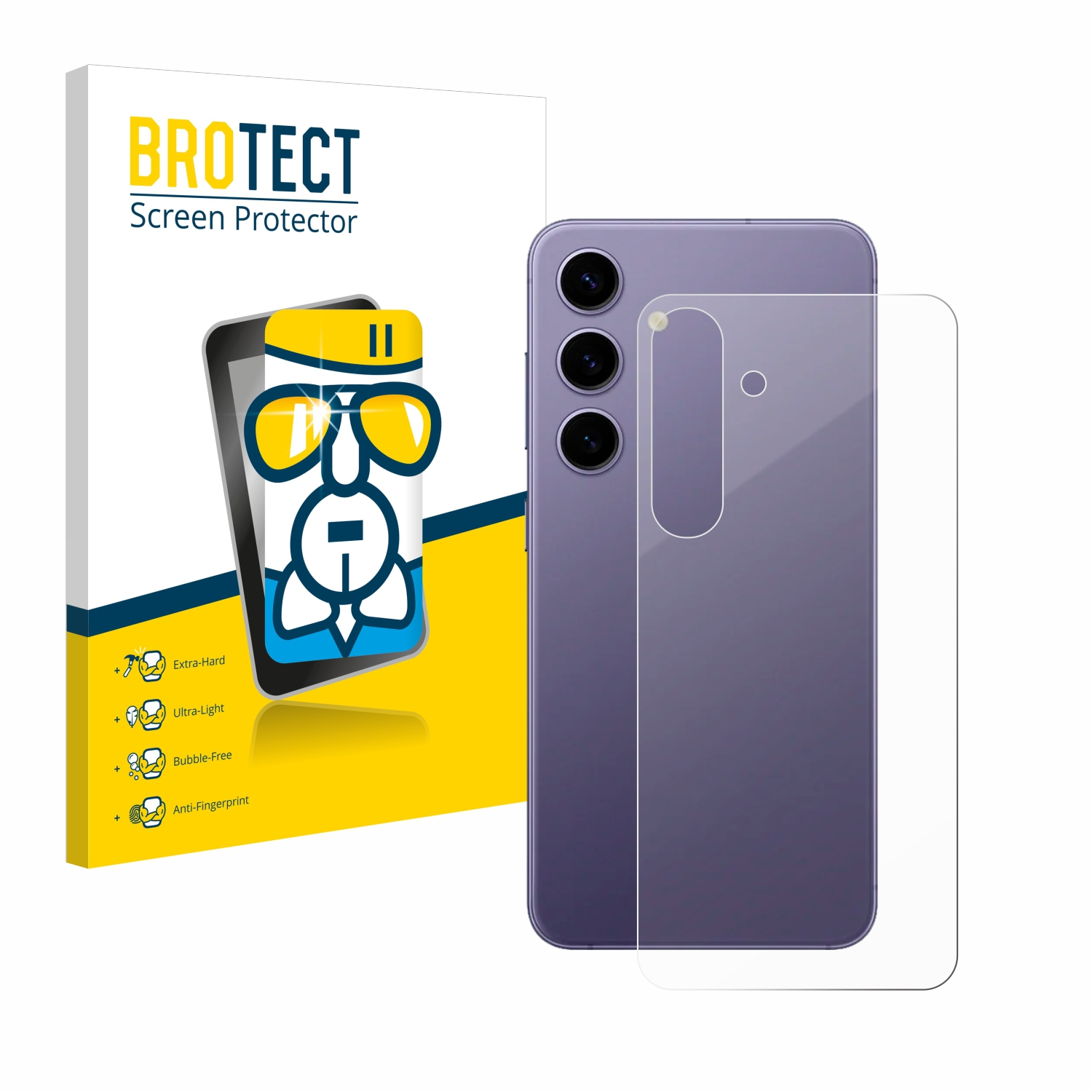 Telefon mit Displayschutzfolie, die Box hat eine Grafik und Details zur Displayschutzfolie.