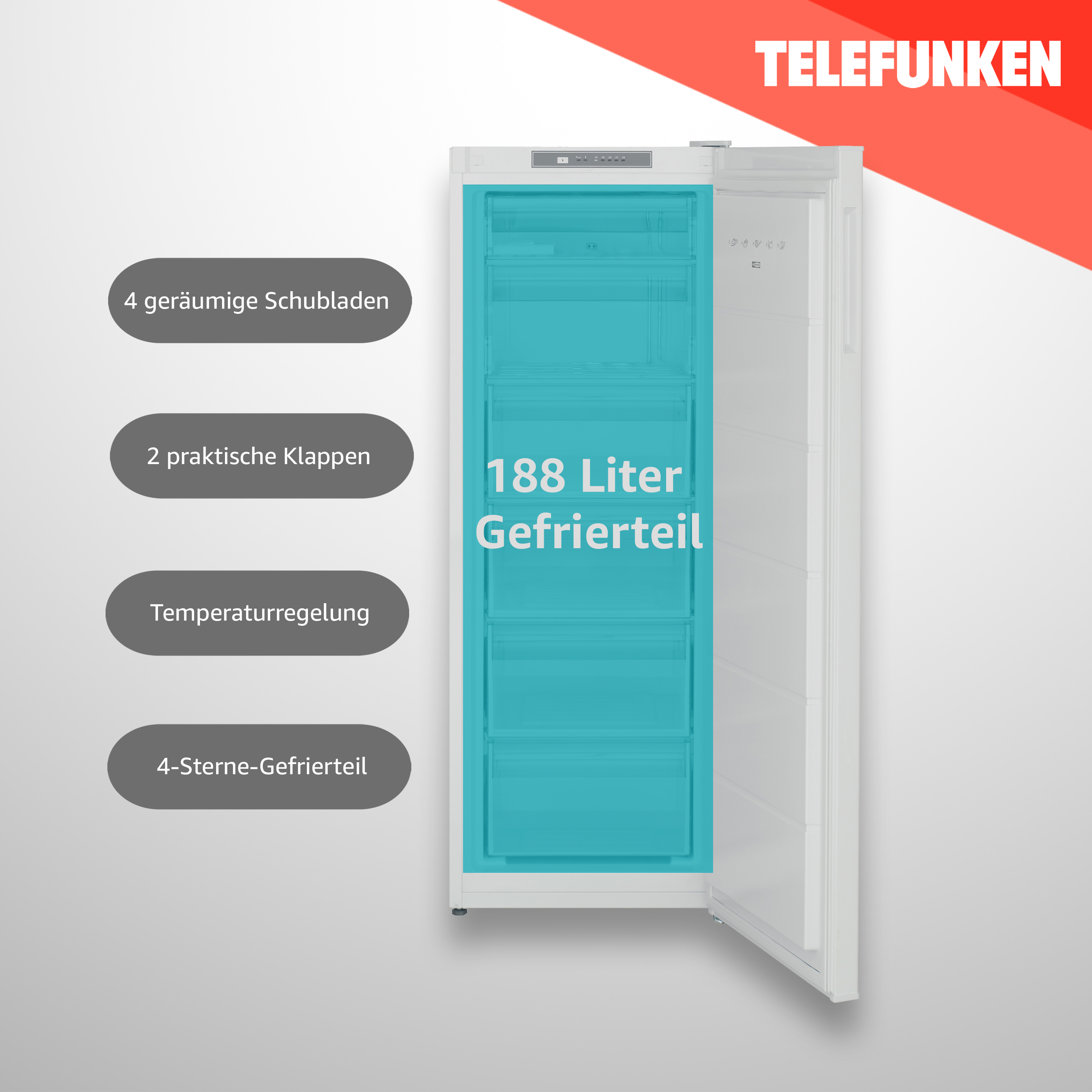 Ein weißer Gefrierschrank mit blauem Innenraum, offener Tür und Textbeschriftungen.