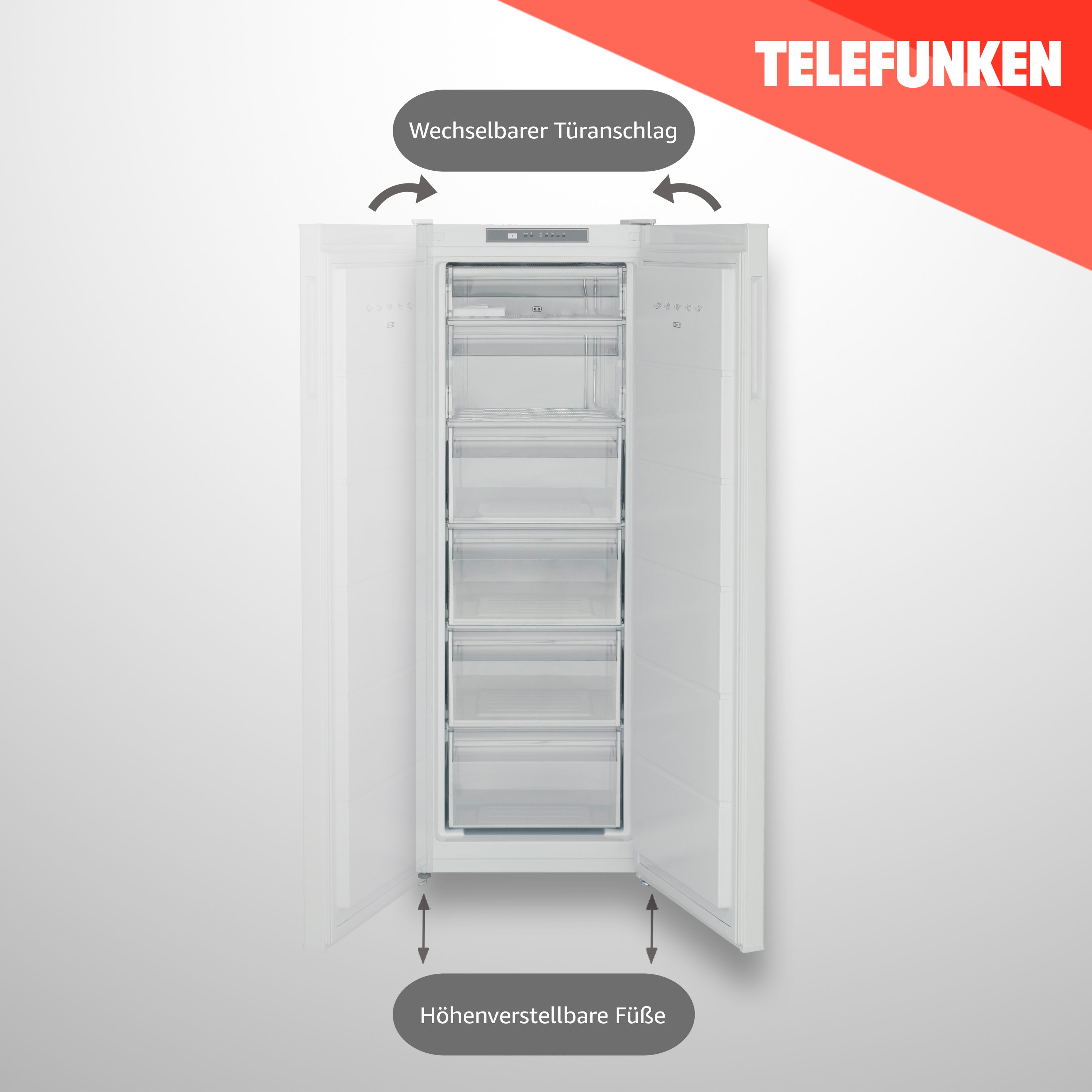 Weißer Kühlschrank mit offenen Türen. Pfeile zeigen auf Merkmale. Grauer Hintergrund.
