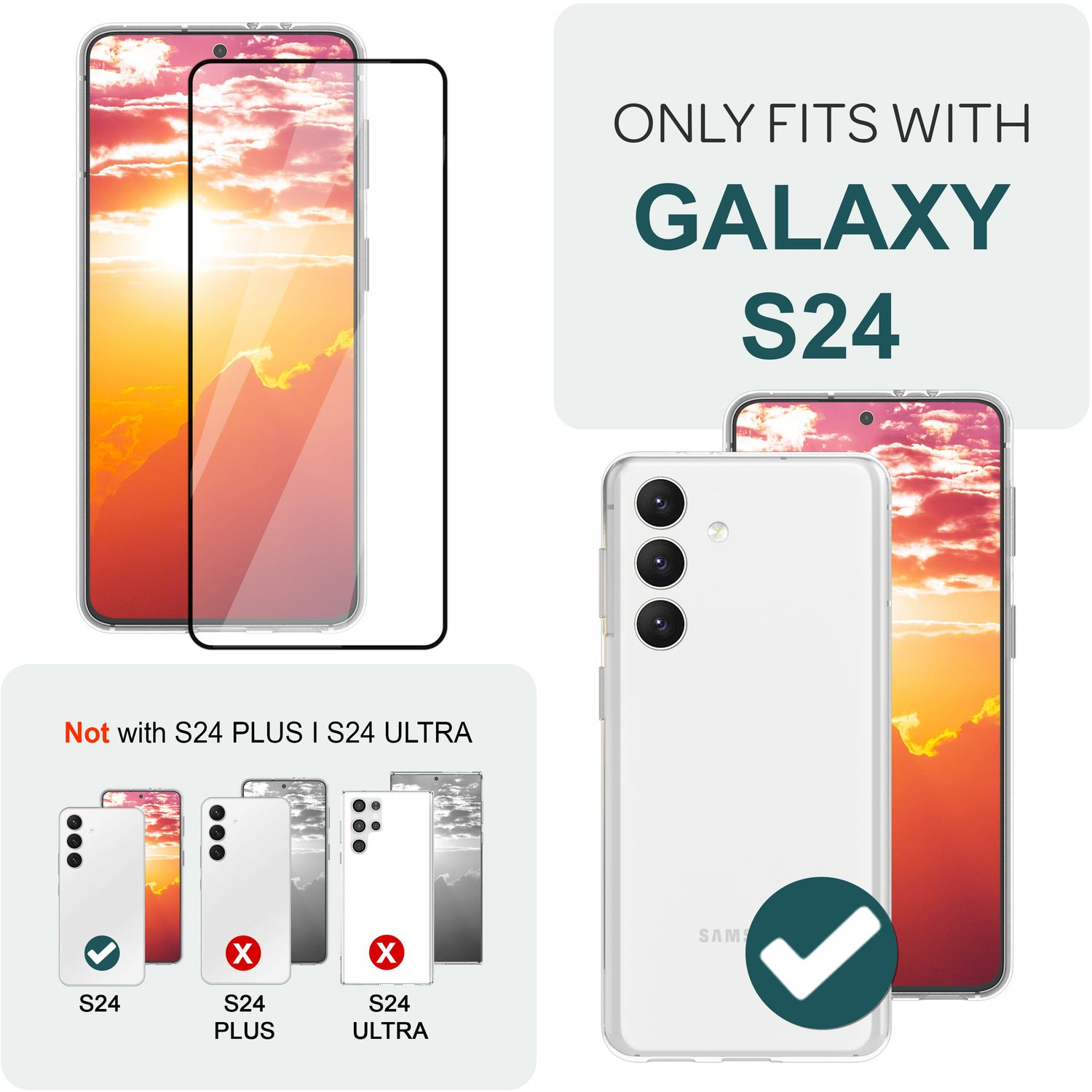 L'image montre un téléphone avec un protecteur d'écran et un étui, avec le texte "UNIQUEMENT COMPATIBLE AVEC GALAXY S24".
