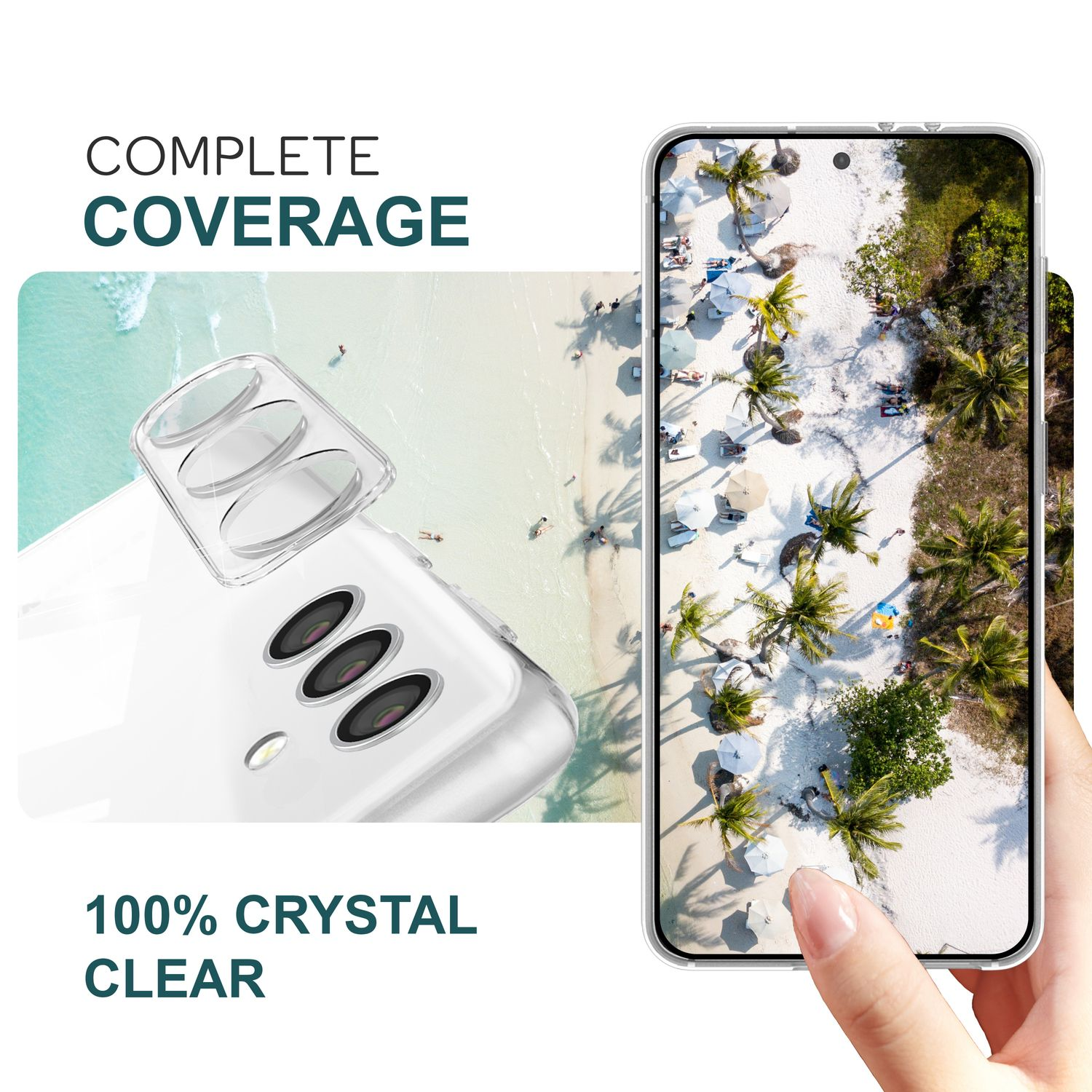 Téléphone avec une coque transparente, montrant une scène de plage et du texte.