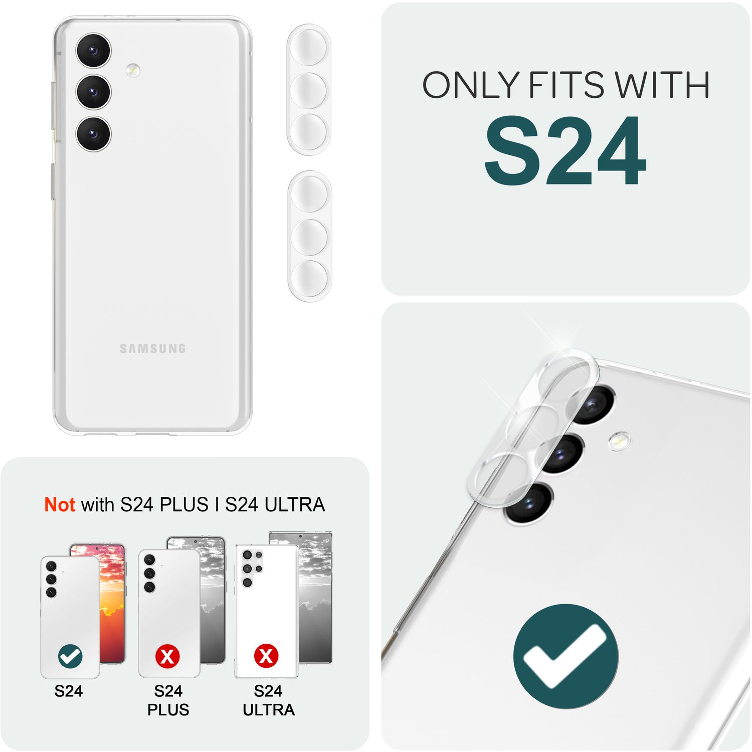 Custodia per telefono bianca con ritagli per fotocamera e copriobiettivo aggiuntivi. Testo: Adatto solo per S24. Non S24 Plus o Ultra.