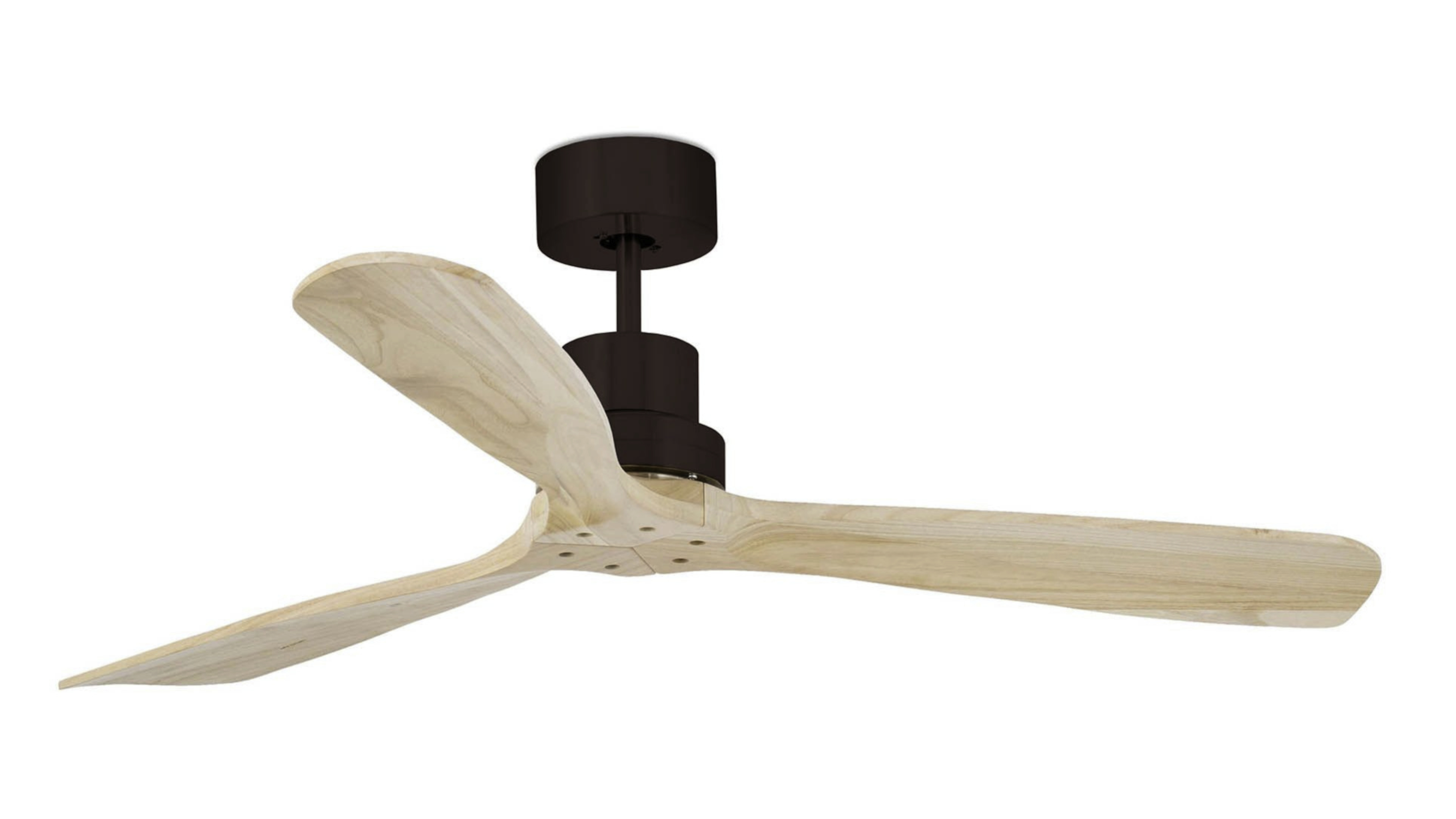 Deckenventilator mit braunem Motor und hellfarbigen Holzflügeln.