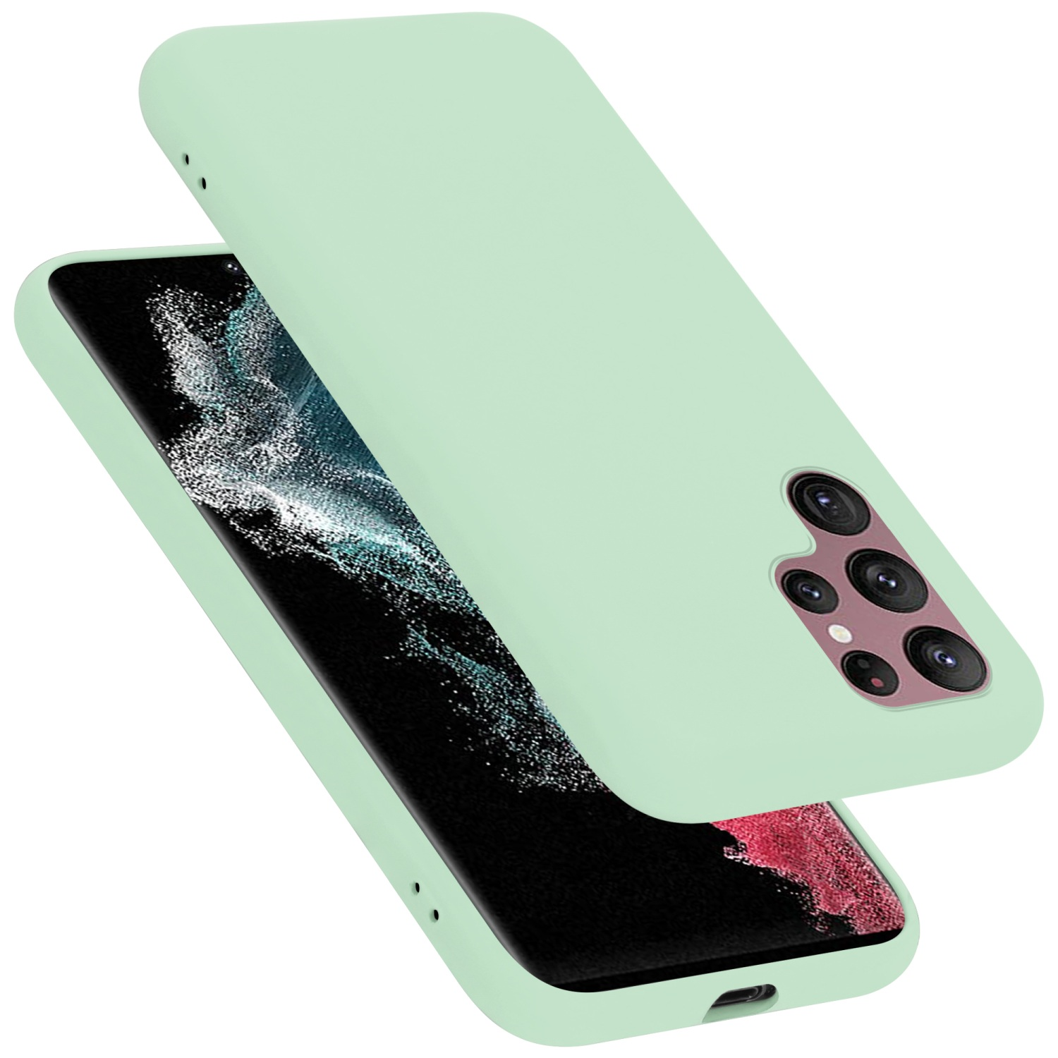 Ein Telefon in einer hellgrünen Handyhülle, die Hülle ist offen.
