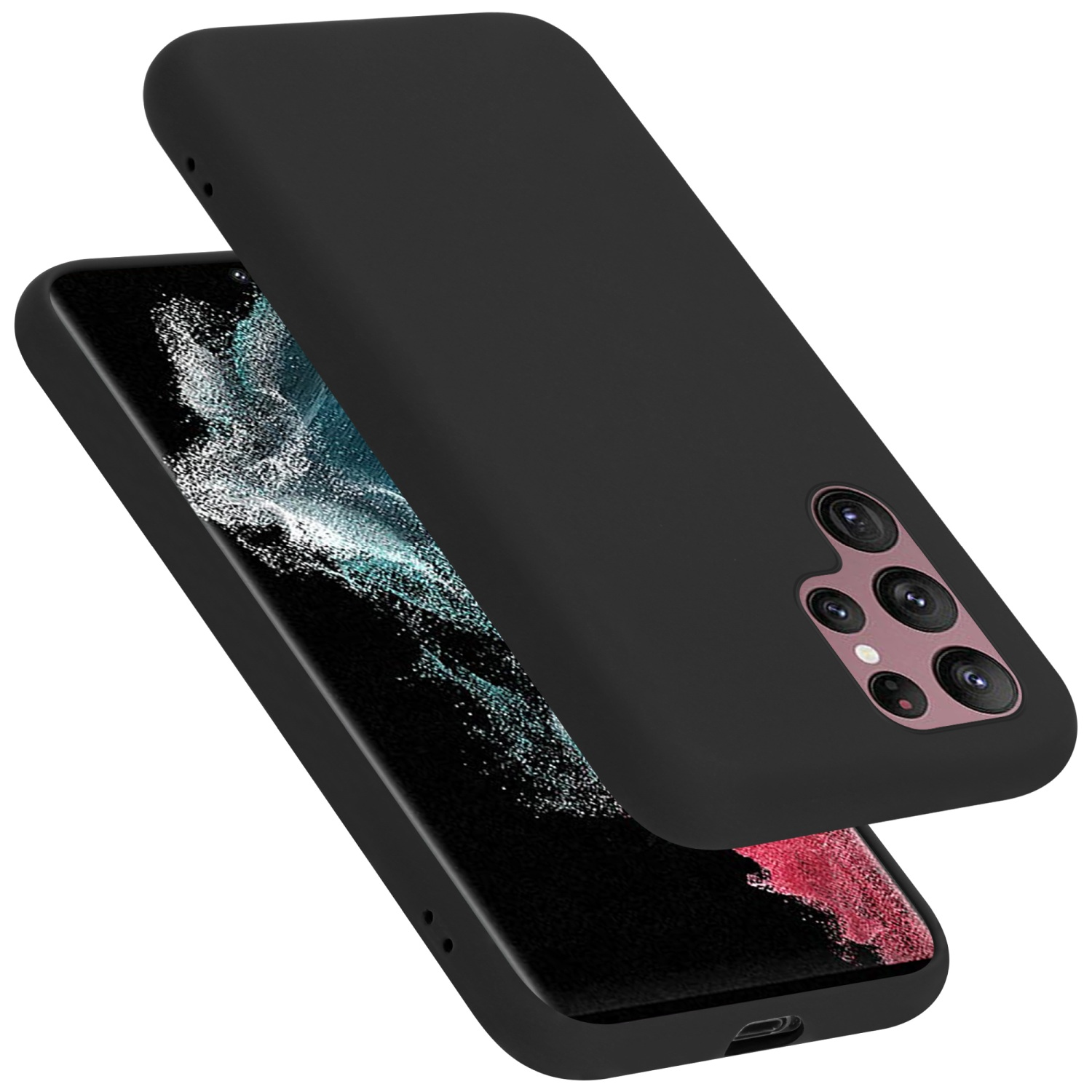 Ein schwarzes Telefon mit schwarzer Hülle, Design von Gerät und Hülle.