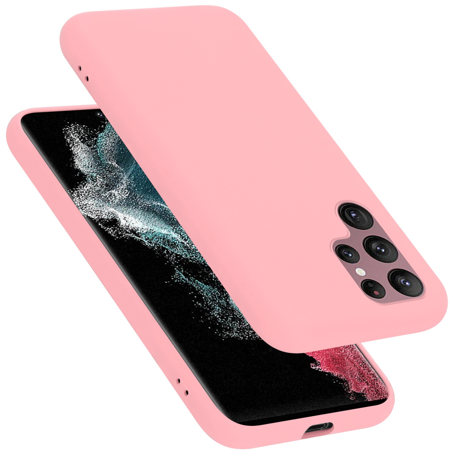 Rosa Telefon und Hülle. Das Telefon ist schwarz mit einer rosa Hülle, die teilweise darüber liegt. Die Hülle ist leicht geöffnet.