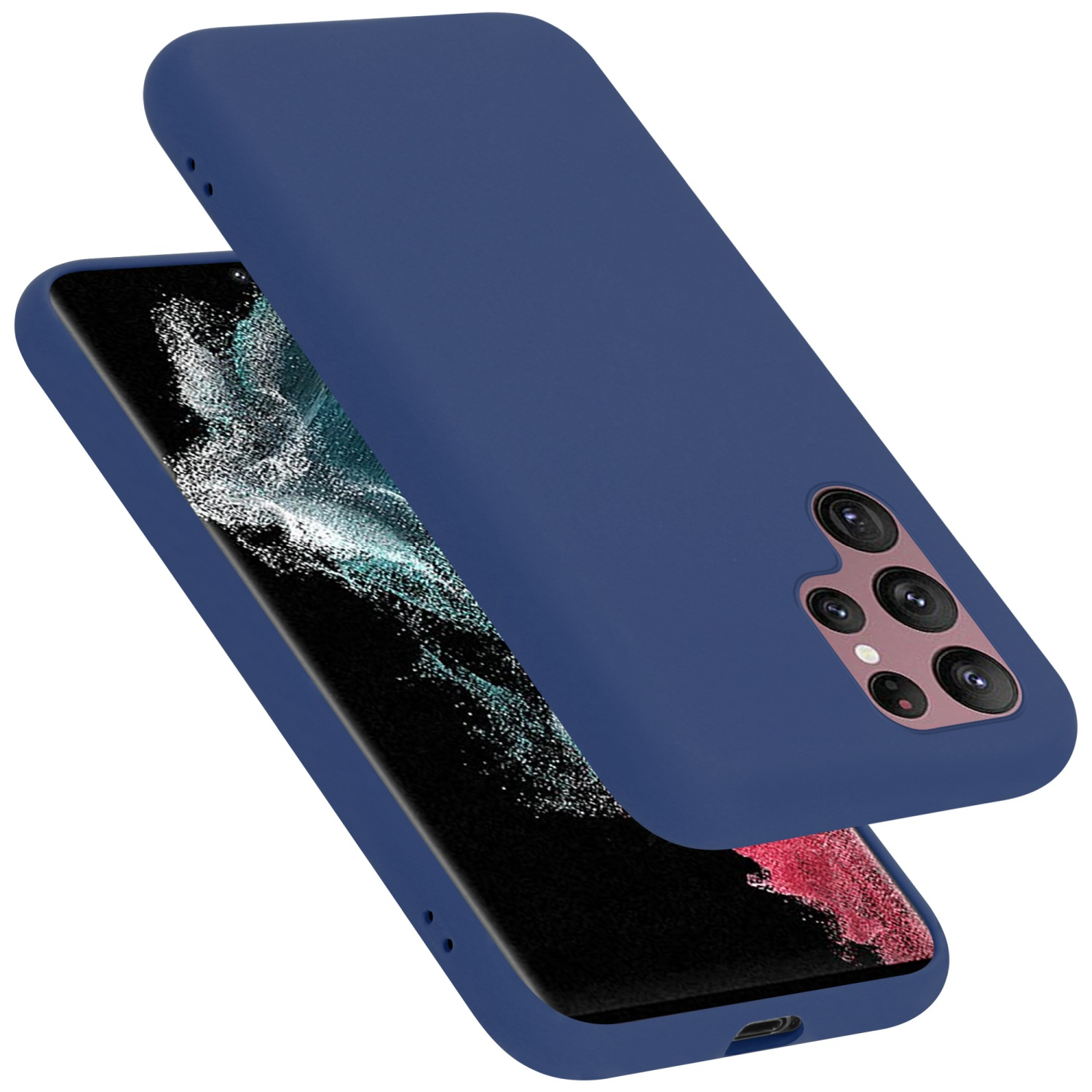 Ein blaues Telefon mit blauer Hülle, vor weißem Hintergrund.