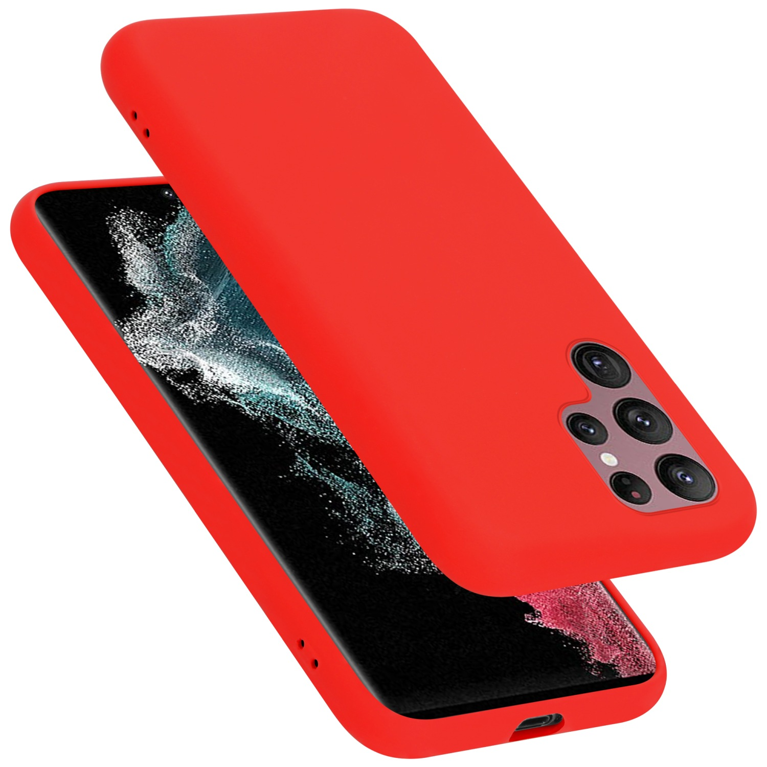 Rotes Telefon und Hülle. Das Telefon ist schwarz mit einer roten Hülle, die teilweise darüber liegt. Die Hülle ist leicht geöffnet.