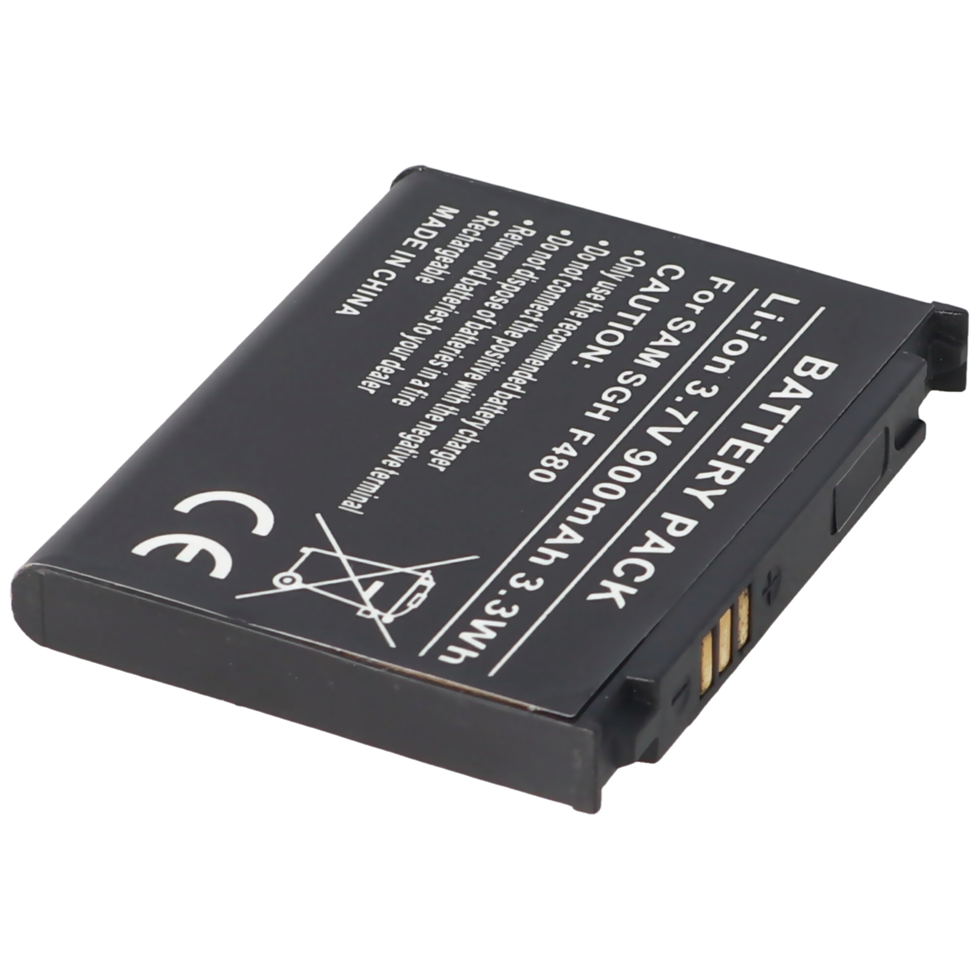 Schwarzer Akku mit Text und Etiketten. Er ist für SAM SGH F480. Der Text lautet: Li-Ion 3,7V 900mAh.