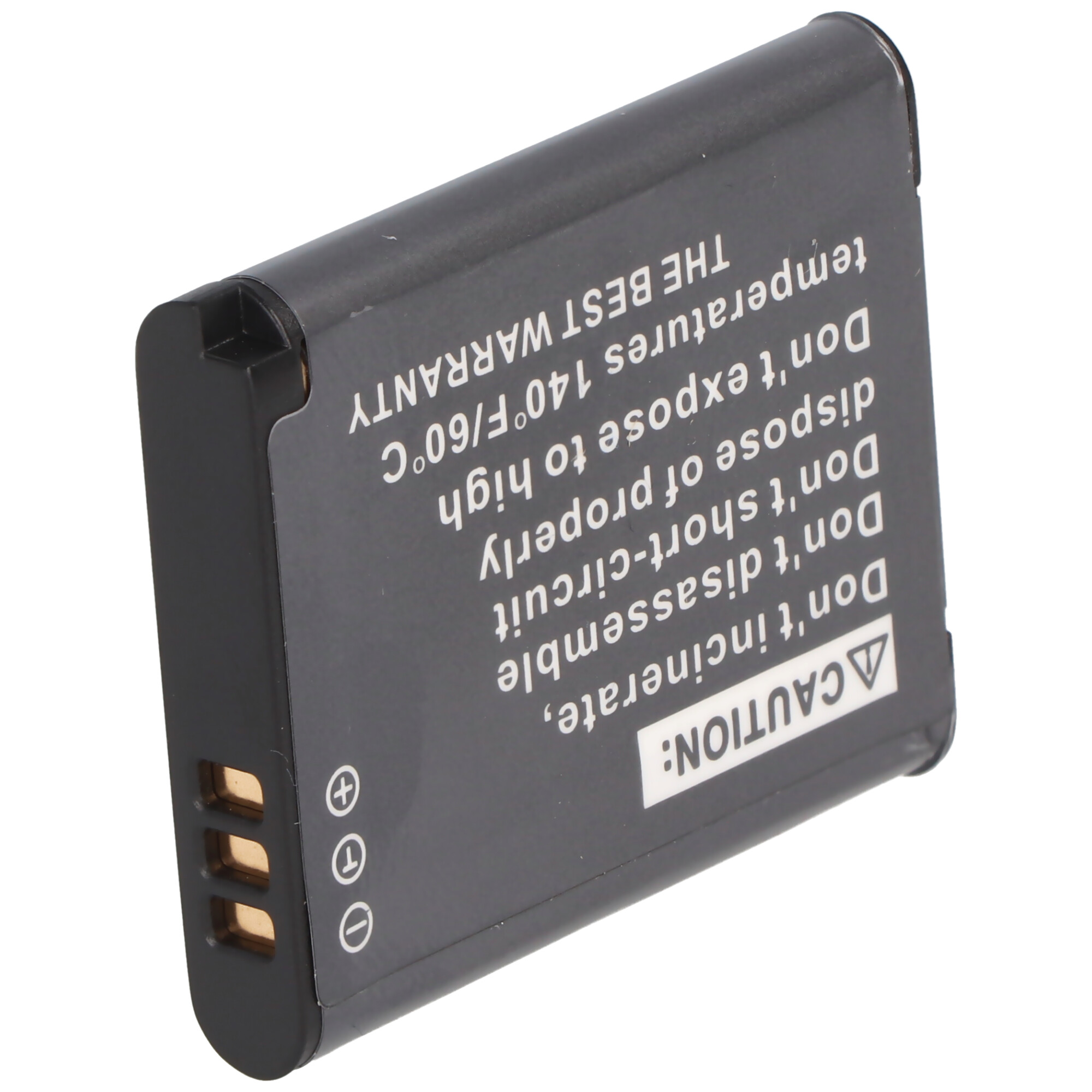 Eine schwarze Batterie mit Vorsichtshinweisen. Sie warnt vor Demontage, Kurzschlüssen und hohen Temperaturen.