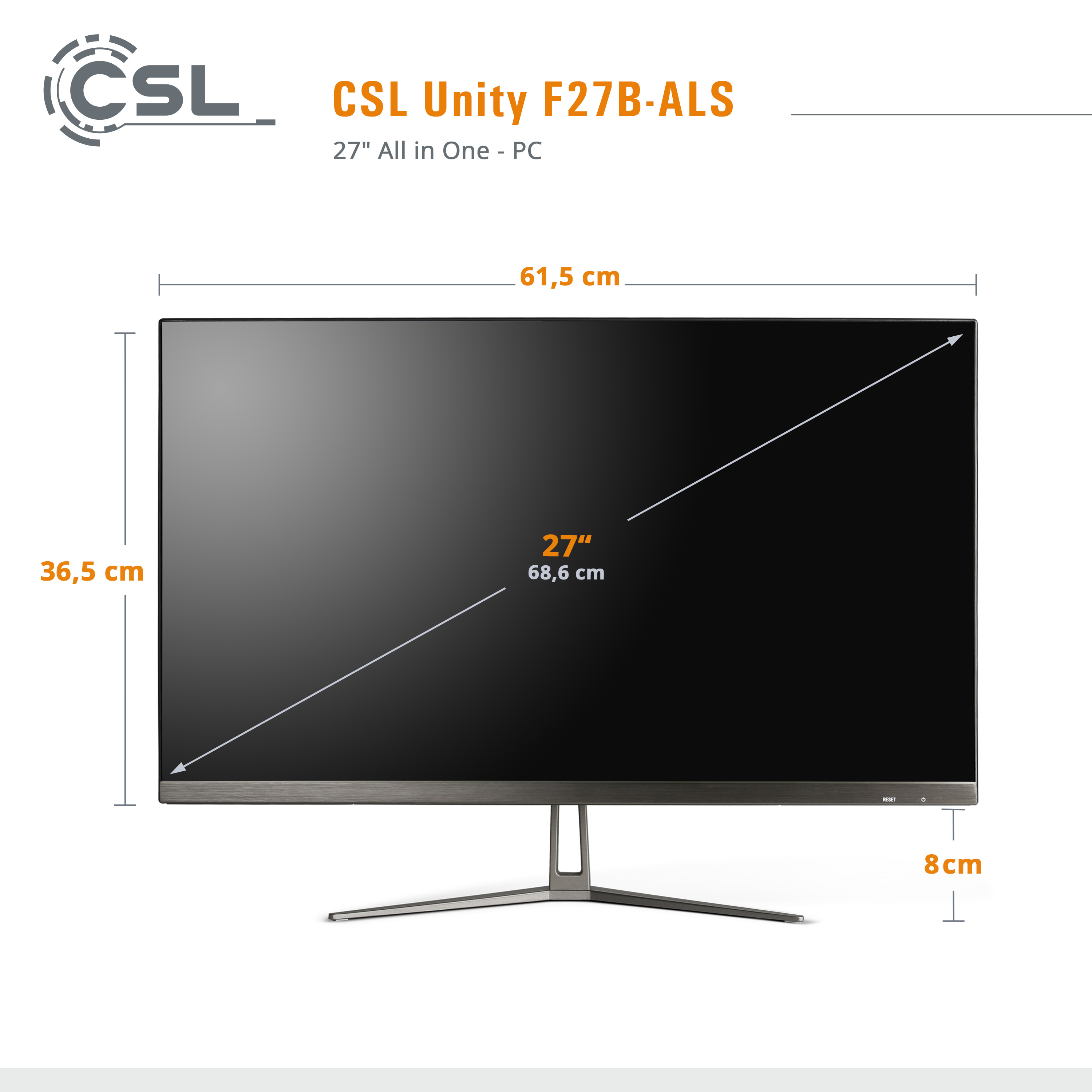 Ein Computermonitor mit beschrifteten Abmessungen. Er hat einen silbernen Fuß und einen schwarzen Bildschirm.