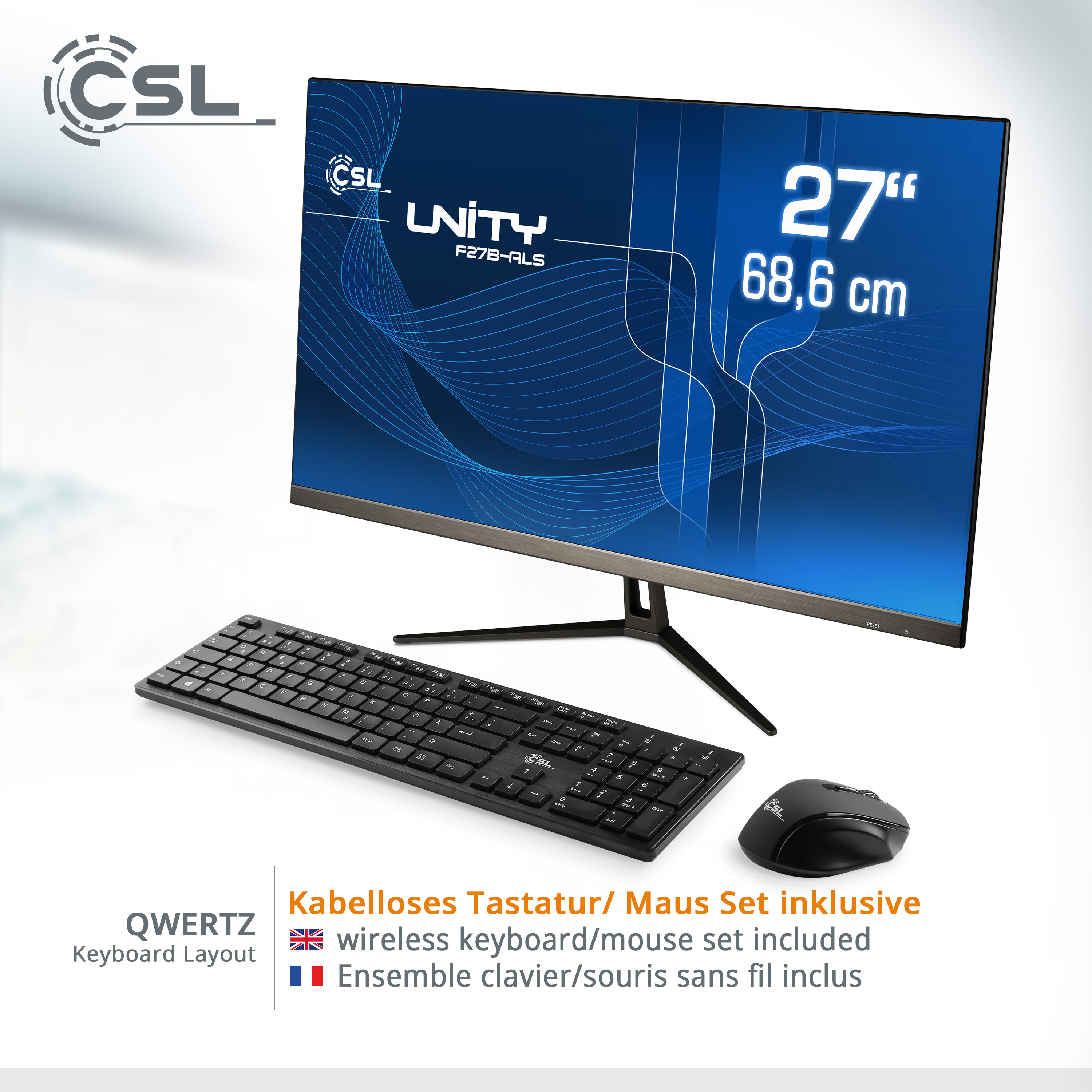 Ein Computerbildschirm, Tastatur und Maus-Set. Der Bildschirm zeigt einen blauen Hintergrund.