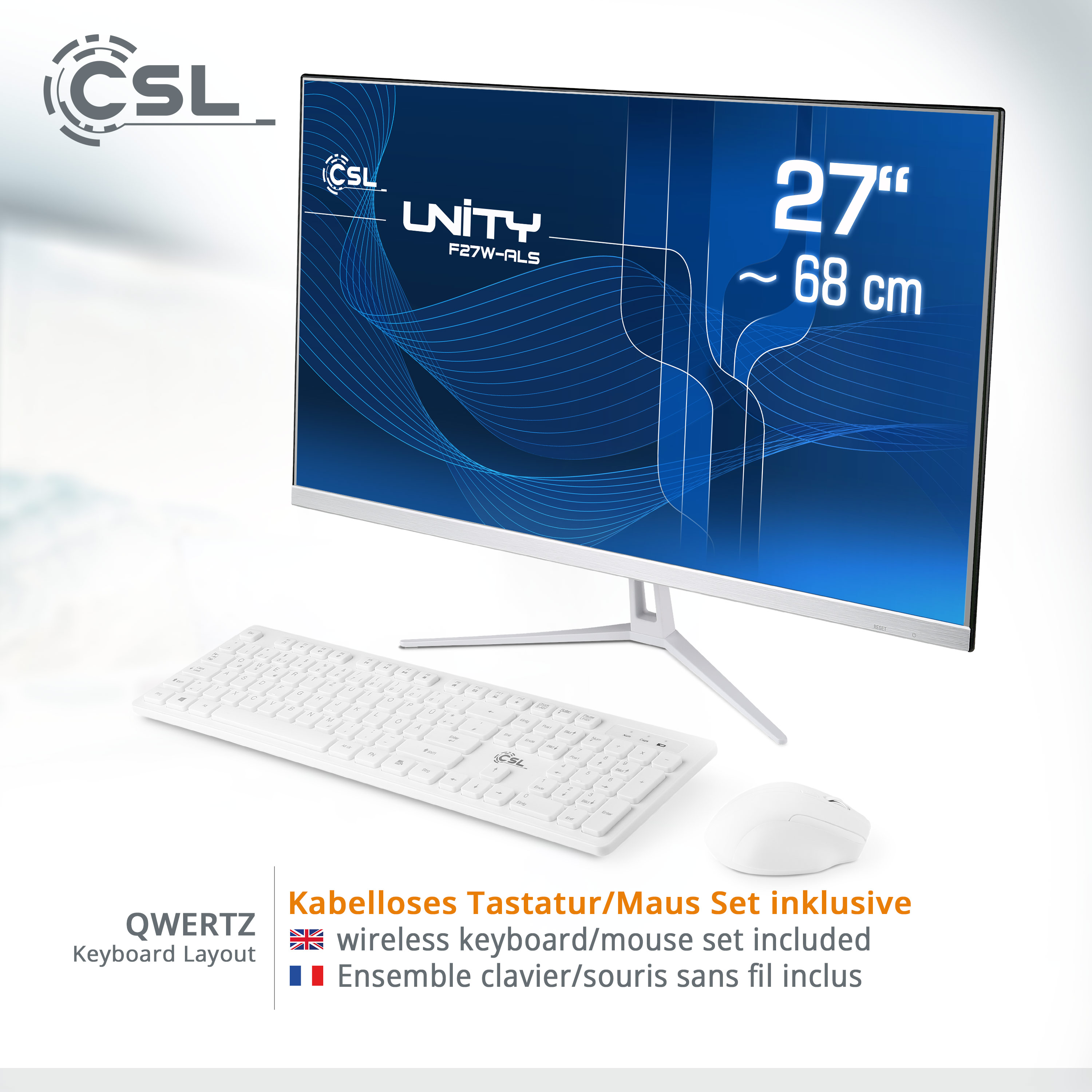 Ein 27-Zoll-Computermonitor mit weißer Tastatur und Maus, alles auf einer weißen Oberfläche.