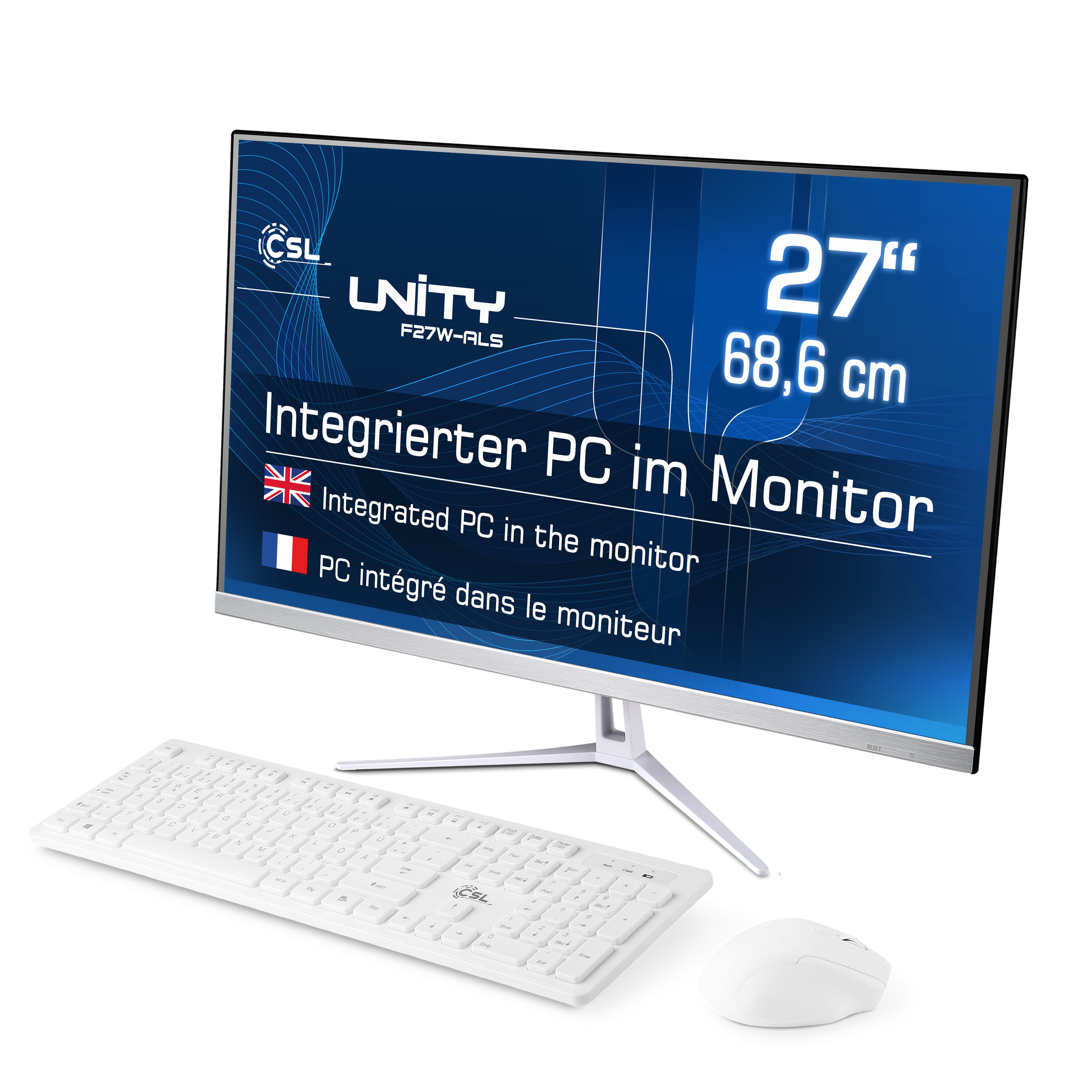 Ein weißer Computermonitor mit integriertem PC. Eine Tastatur und Maus sind davor.