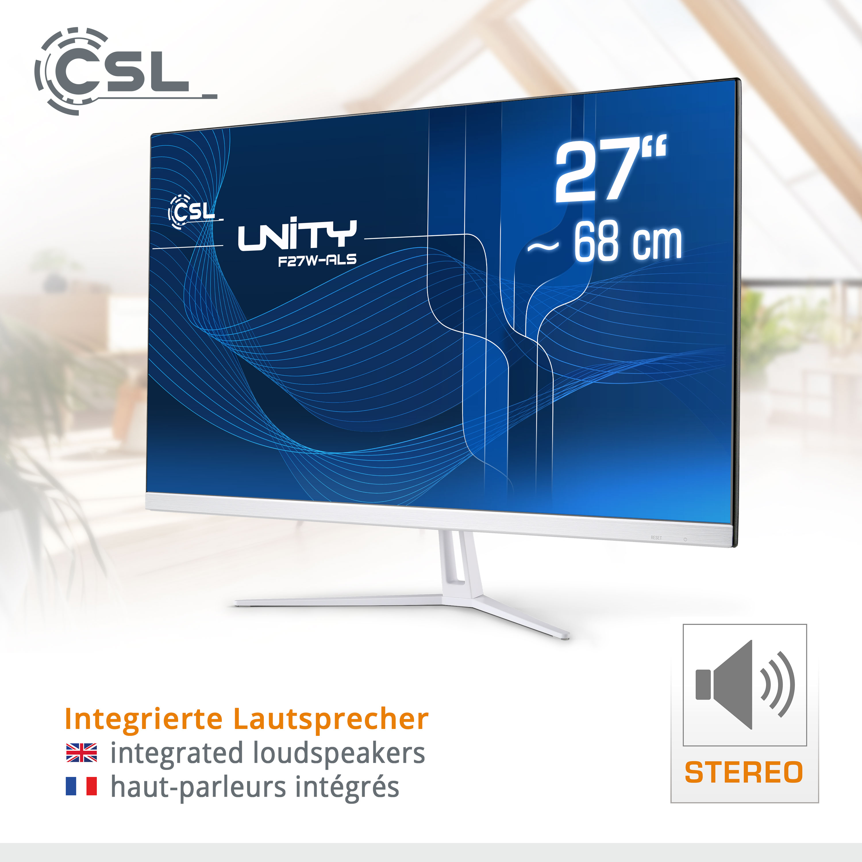 Ein 27-Zoll-CSL Unity F27W-ALS Monitor. Er hat integrierte Lautsprecher und ein Stereo-Sound-Symbol.