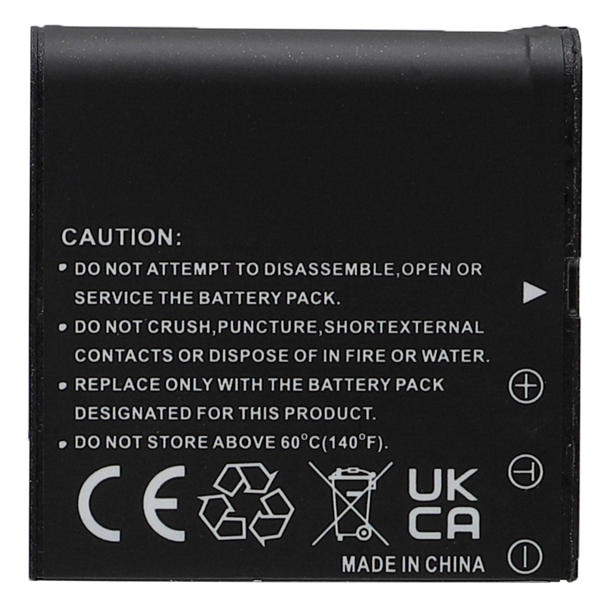 Schwarzes Akku-Pack mit Vorsichtstext, CE-, Recycling-, UKCA-Symbolen. Text: Nicht zerlegen, öffnen oder warten.