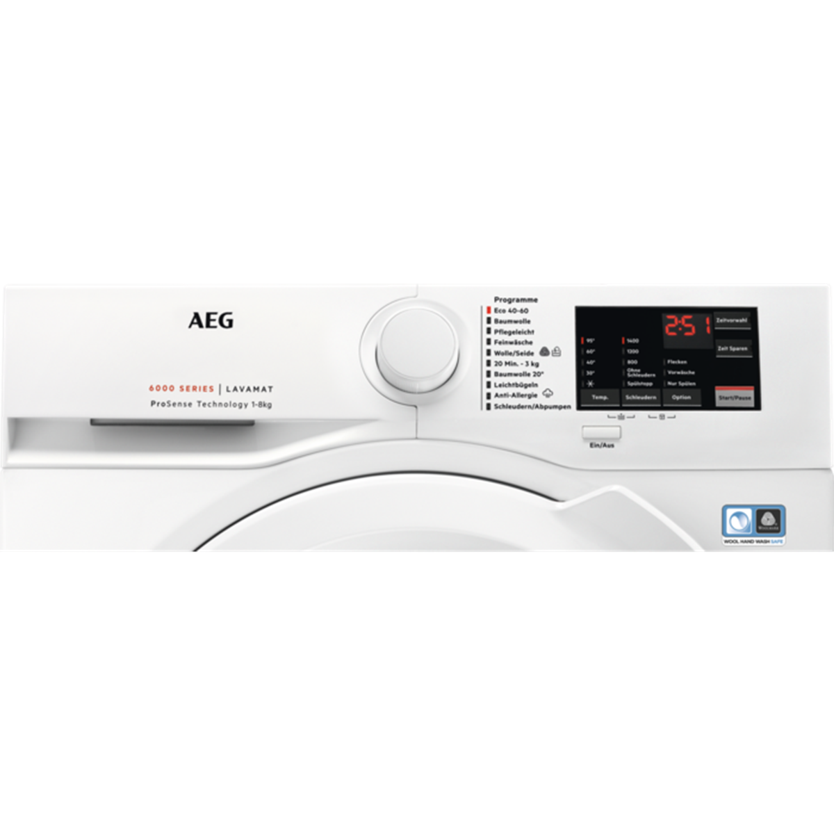 White AEG washing machine control panel with digital display showing 2:51 time.
