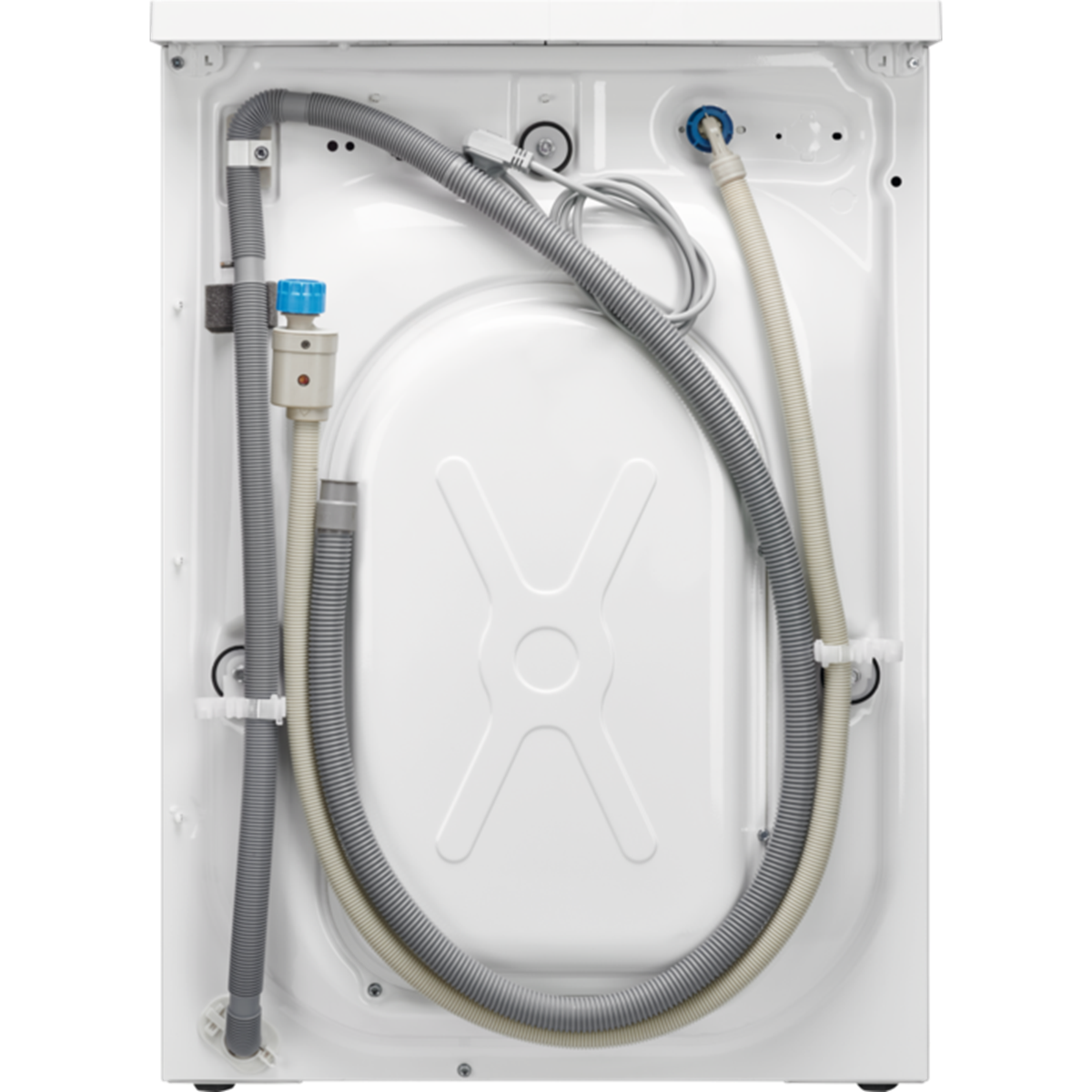 Back of a white washing machine with hoses, wires, and a white interior. The white back has a cross shape.