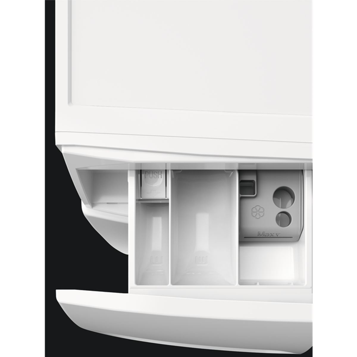 White washing machine detergent drawer with multiple compartments. Some are empty, others contain detergent.