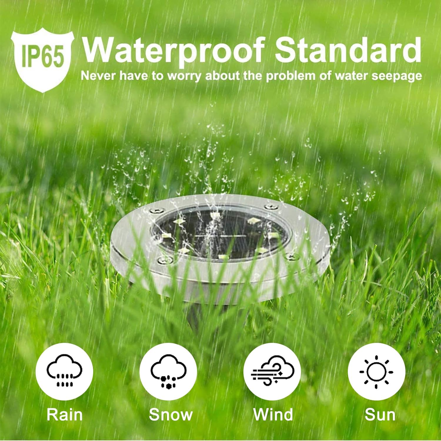 Silberne Solar-Bodenleuchte im Gras. Text zeigt wasserdichten Standard und Wettersymbole für Regen, Schnee, Wind, Sonne.